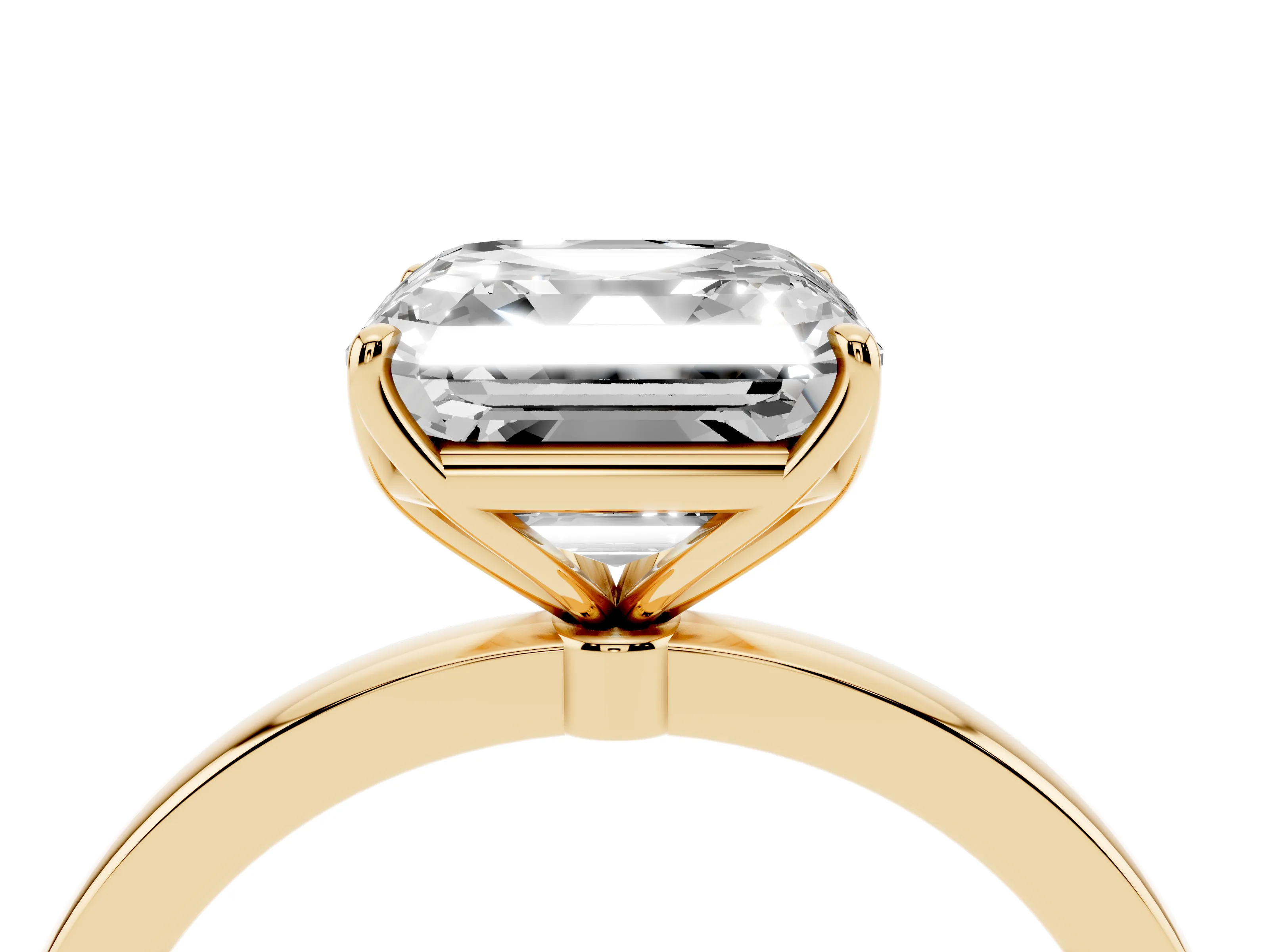 Asscher Cut Diamond Solitaire Ring Set in Yellow gold with Prong Setting and Thin Polished Band