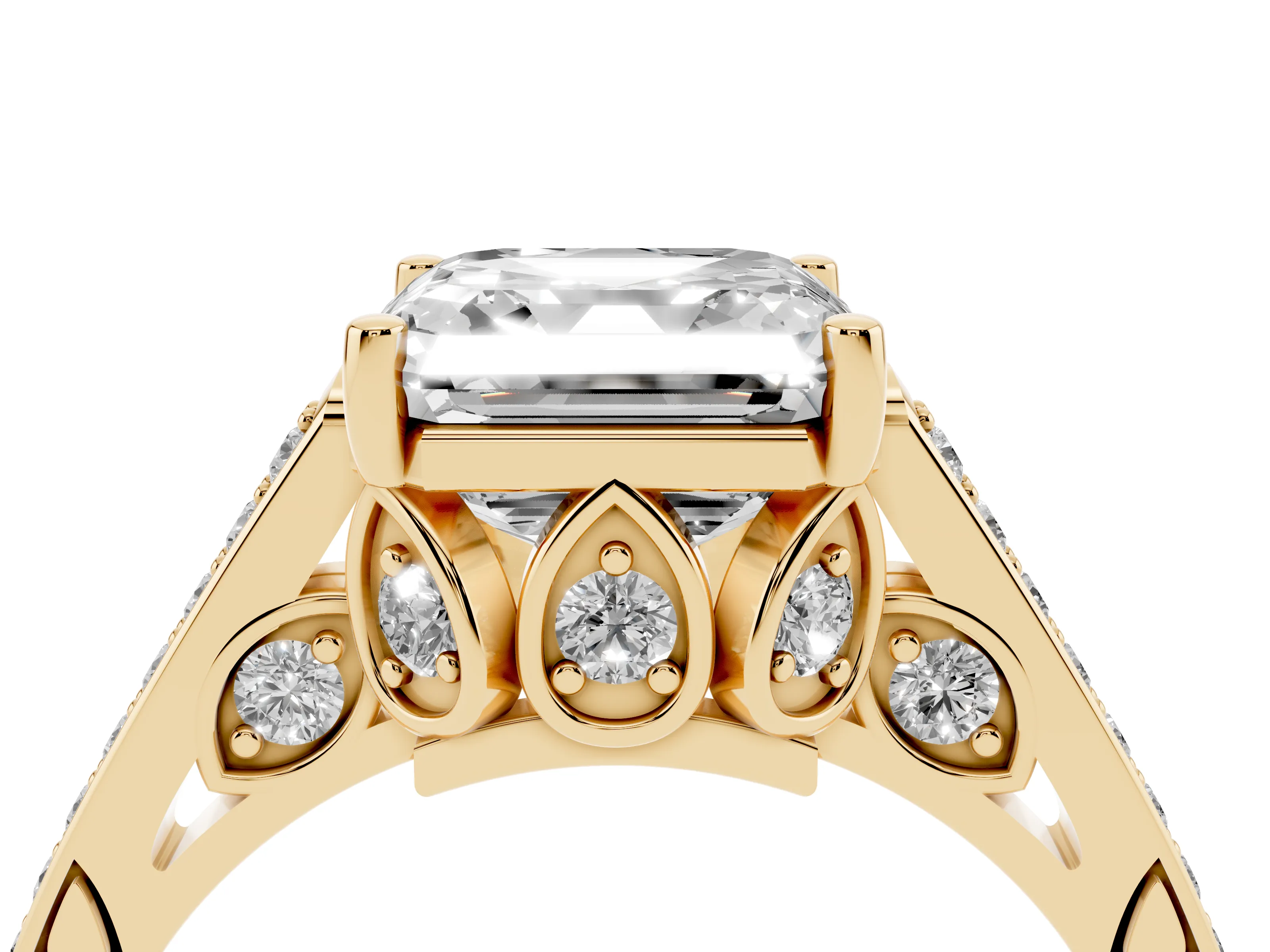 Asscher Cut Diamond Cathedral Pavé Engagement Ring Set in Yellow gold with Prong Setting
