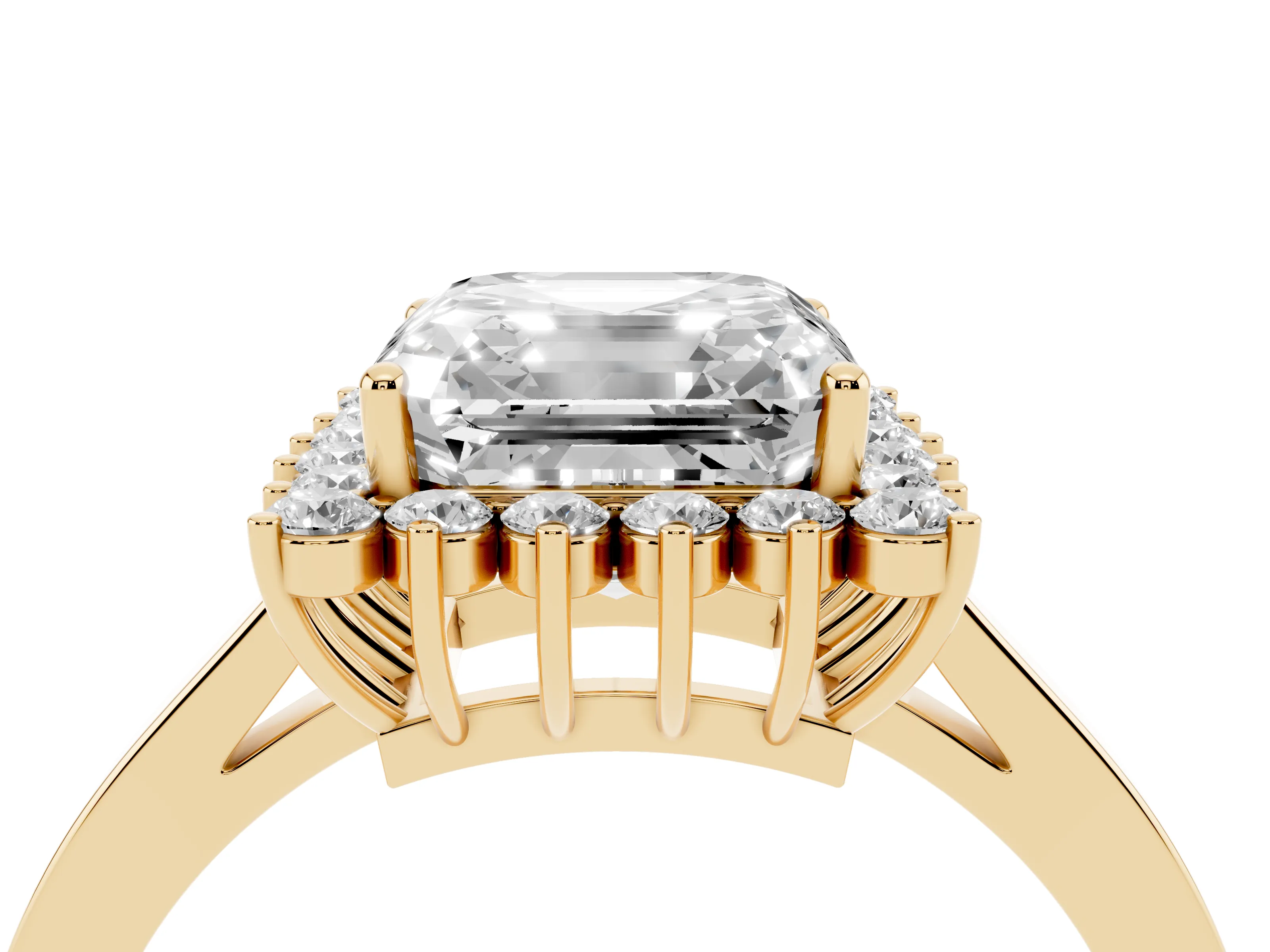 Asscher Cut Diamond Halo Ring Set in Yellow gold with Round Halo and Smooth Solitaire Band