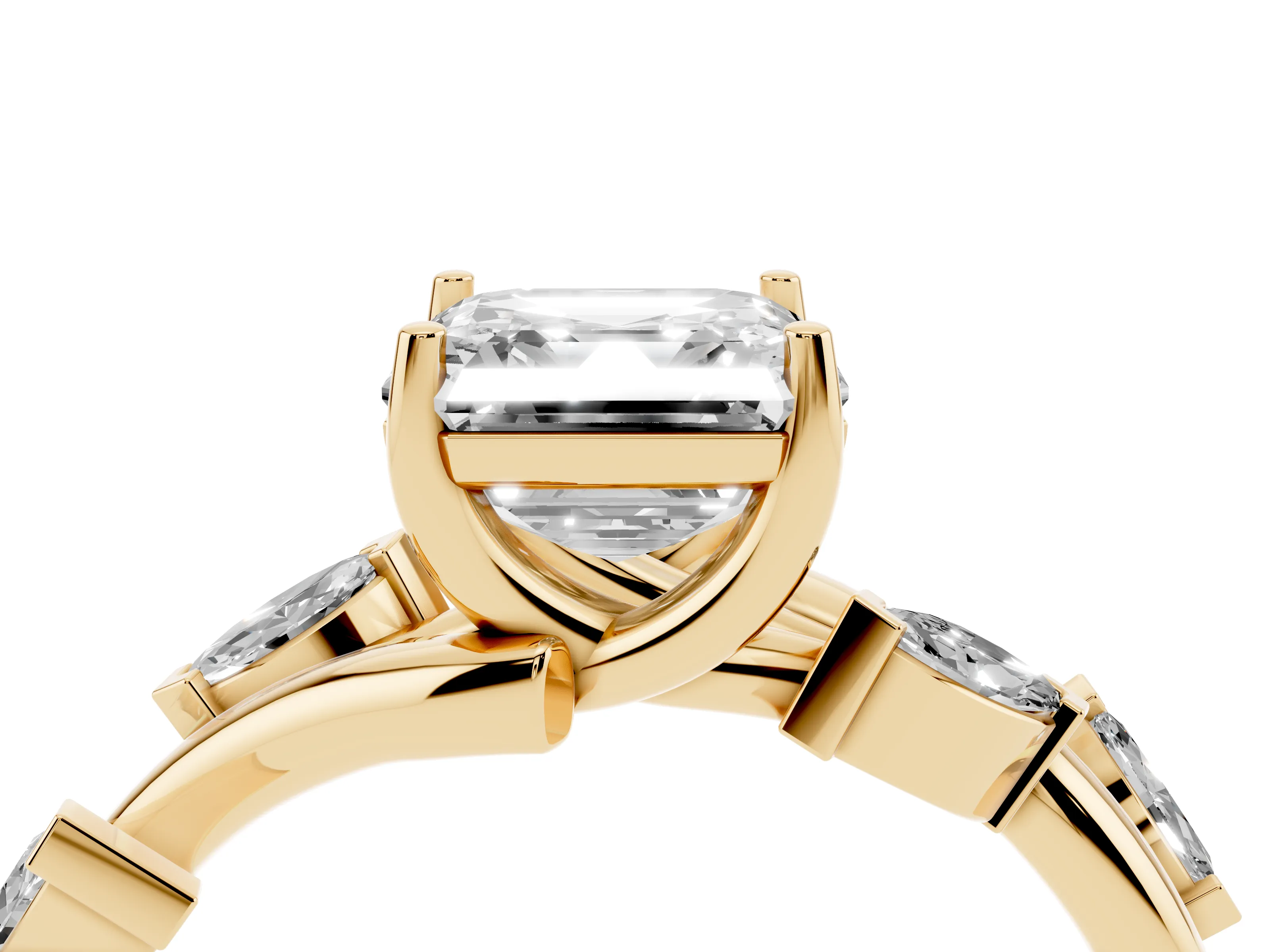 Asscher Cut Diamond Solitaire Ring Set in Yellow gold with Twisted Marquise Accent Band