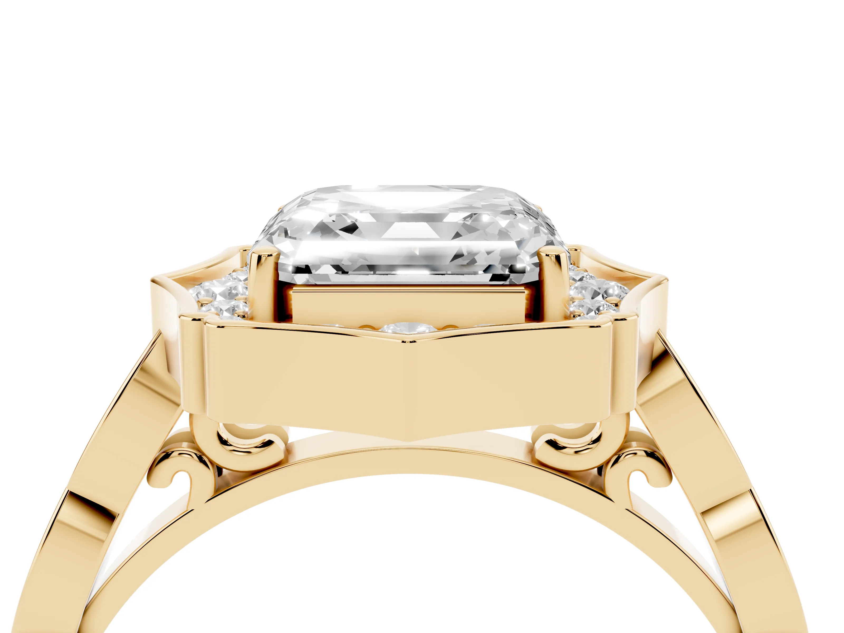 Asscher Cut Diamond Halo Engagement Ring Set in Yellow gold with Milgrain Band and Prong Setting