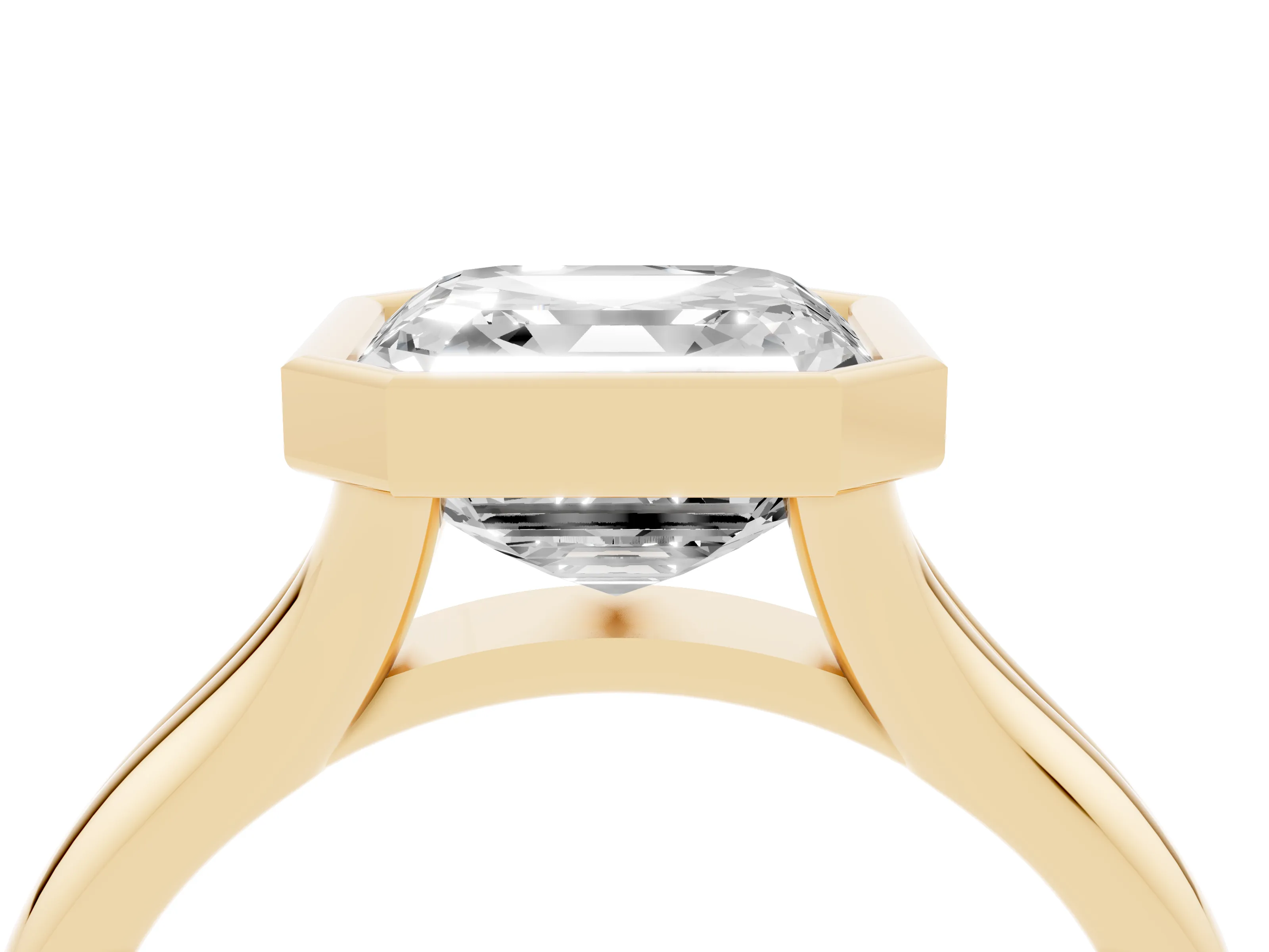 Bezel Set Asscher Cut Diamond Solitaire Ring Set in Yellow gold with Smooth Band