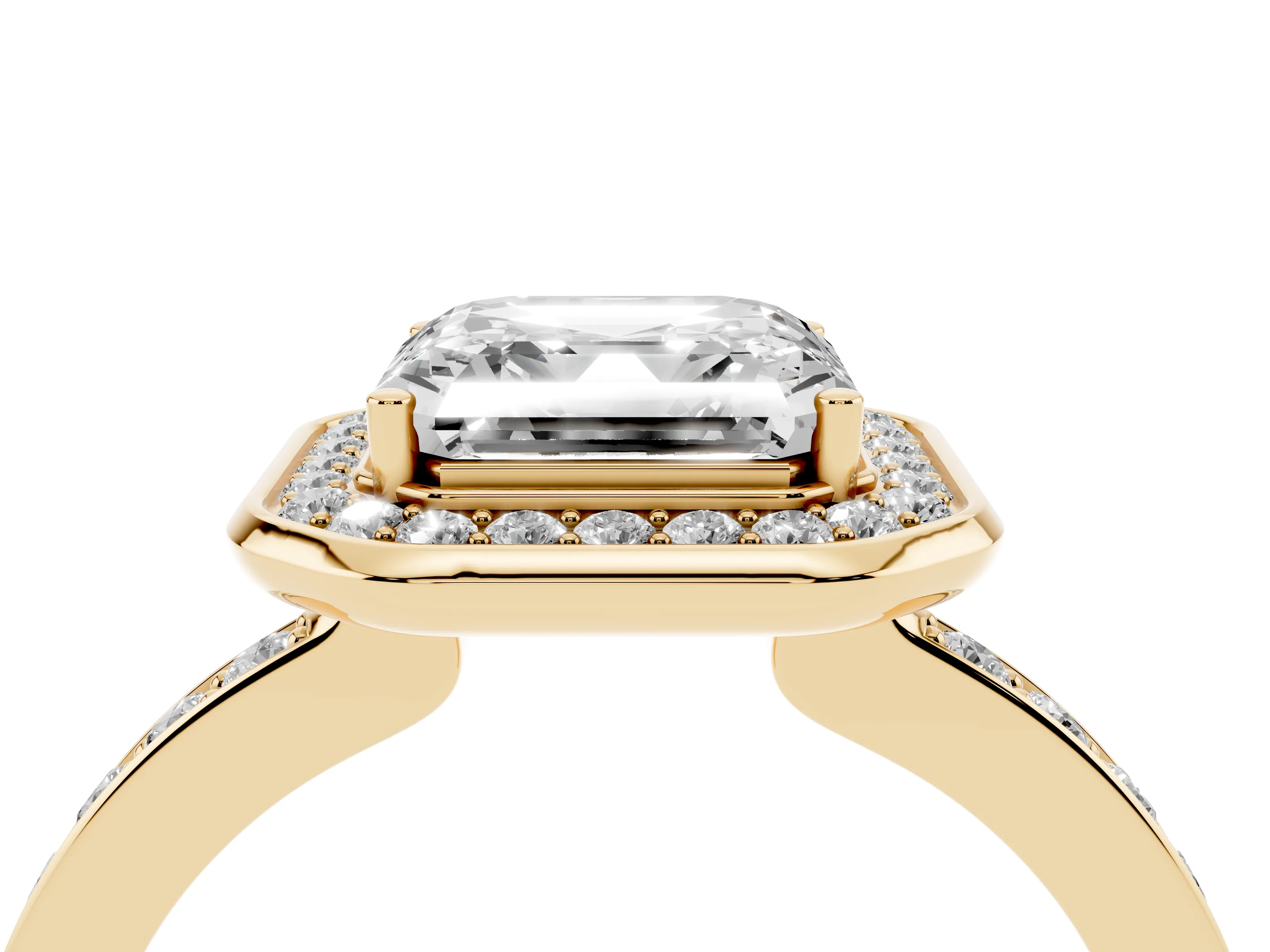 Asscher Cut Diamond Halo Ring Set in Yellow gold with Bezel Frame and Pavé Band