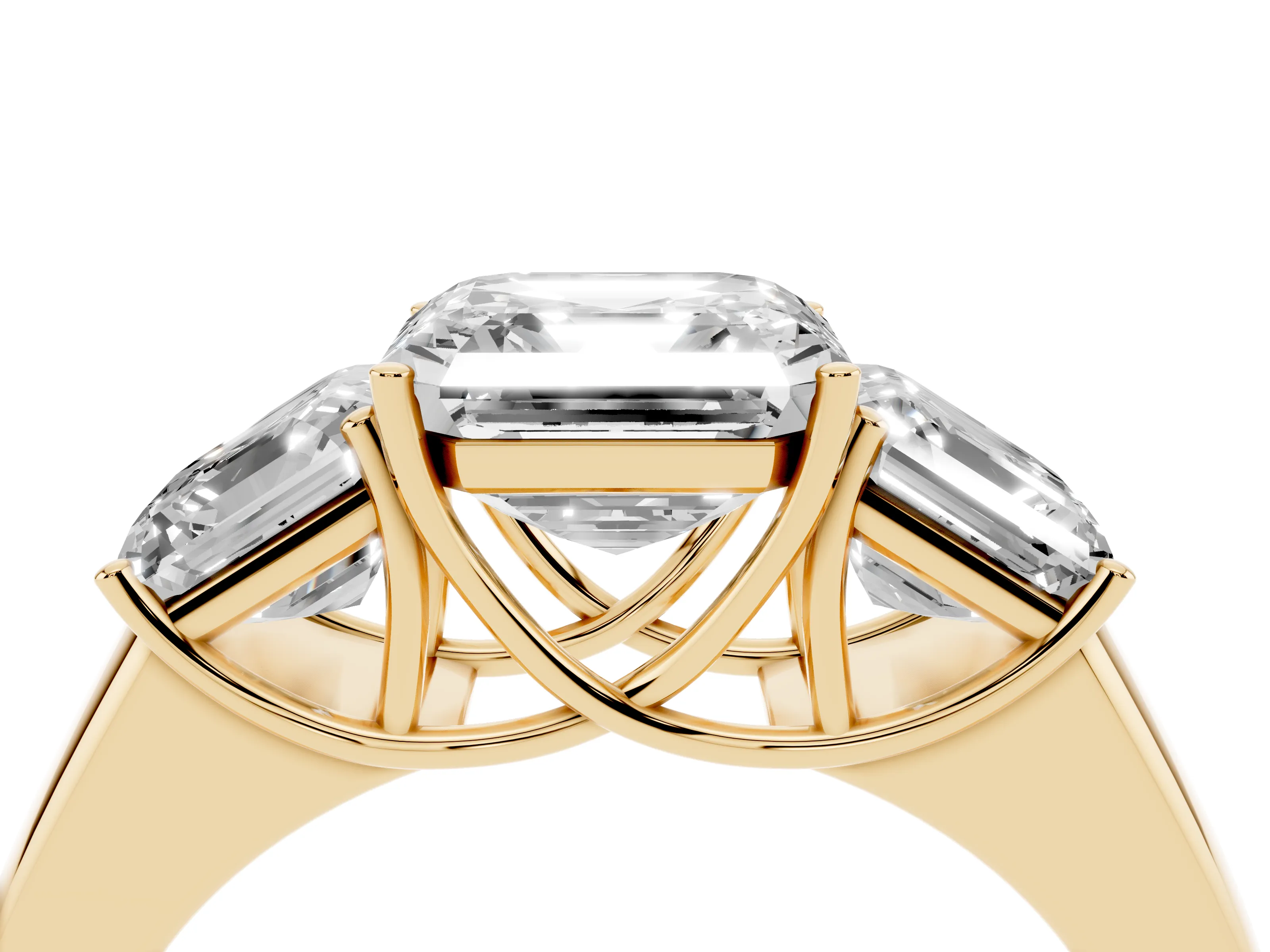 Three-Stone Asscher Cut Diamond Ring Set in Yellow gold with Matching Prong Settings and Plain Band