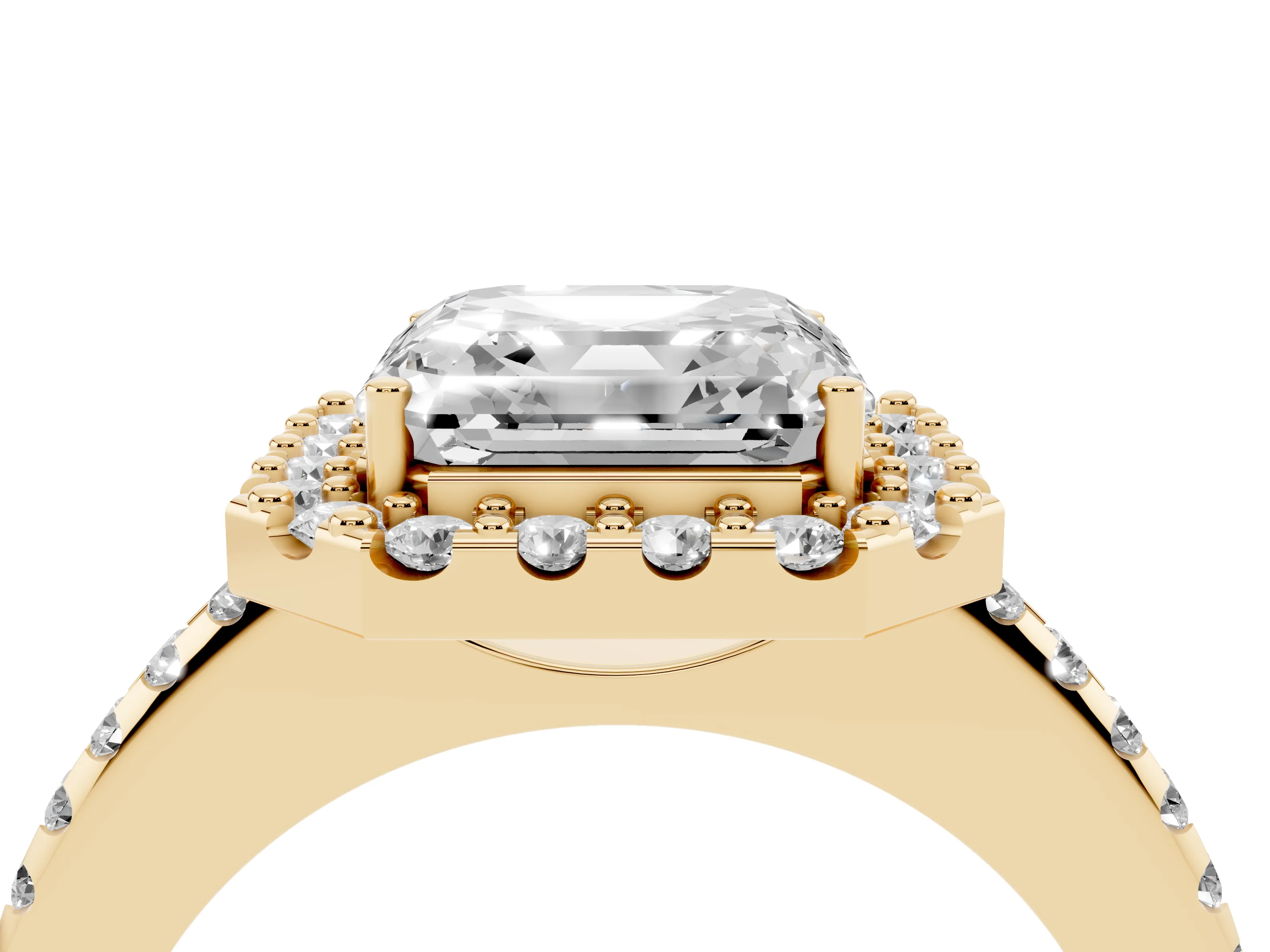 Asscher Cut Diamond Pavé Halo Ring Set in Yellow gold with Prong Setting
