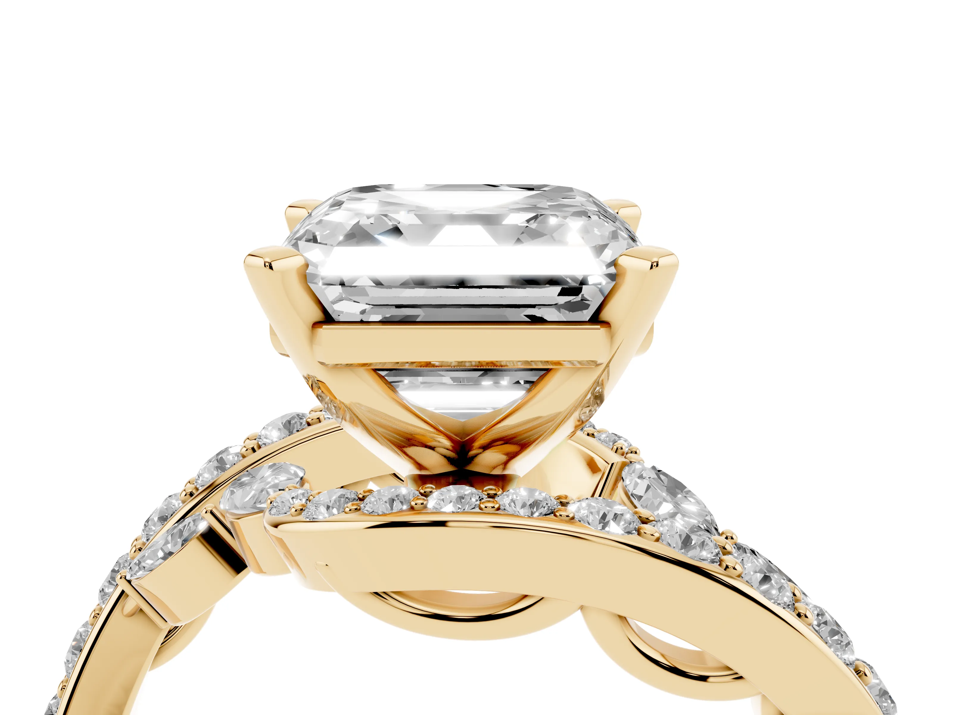 Asscher Cut Bypass Pavé Engagement Ring Setting | Marquise Accents | Yellow Gold