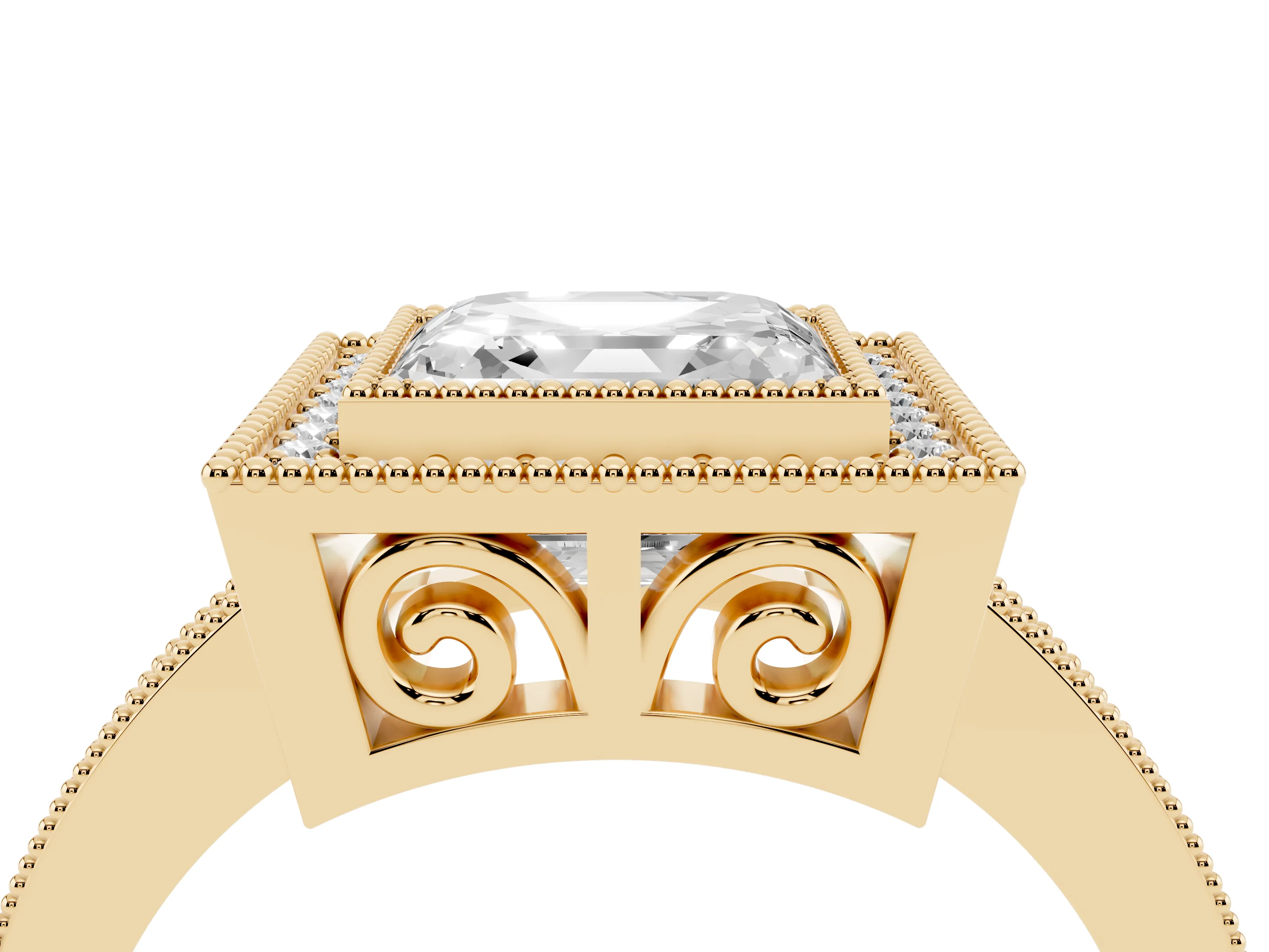 Asscher Cut Diamond Round Halo Ring Set in Yellow gold with Pavé Band