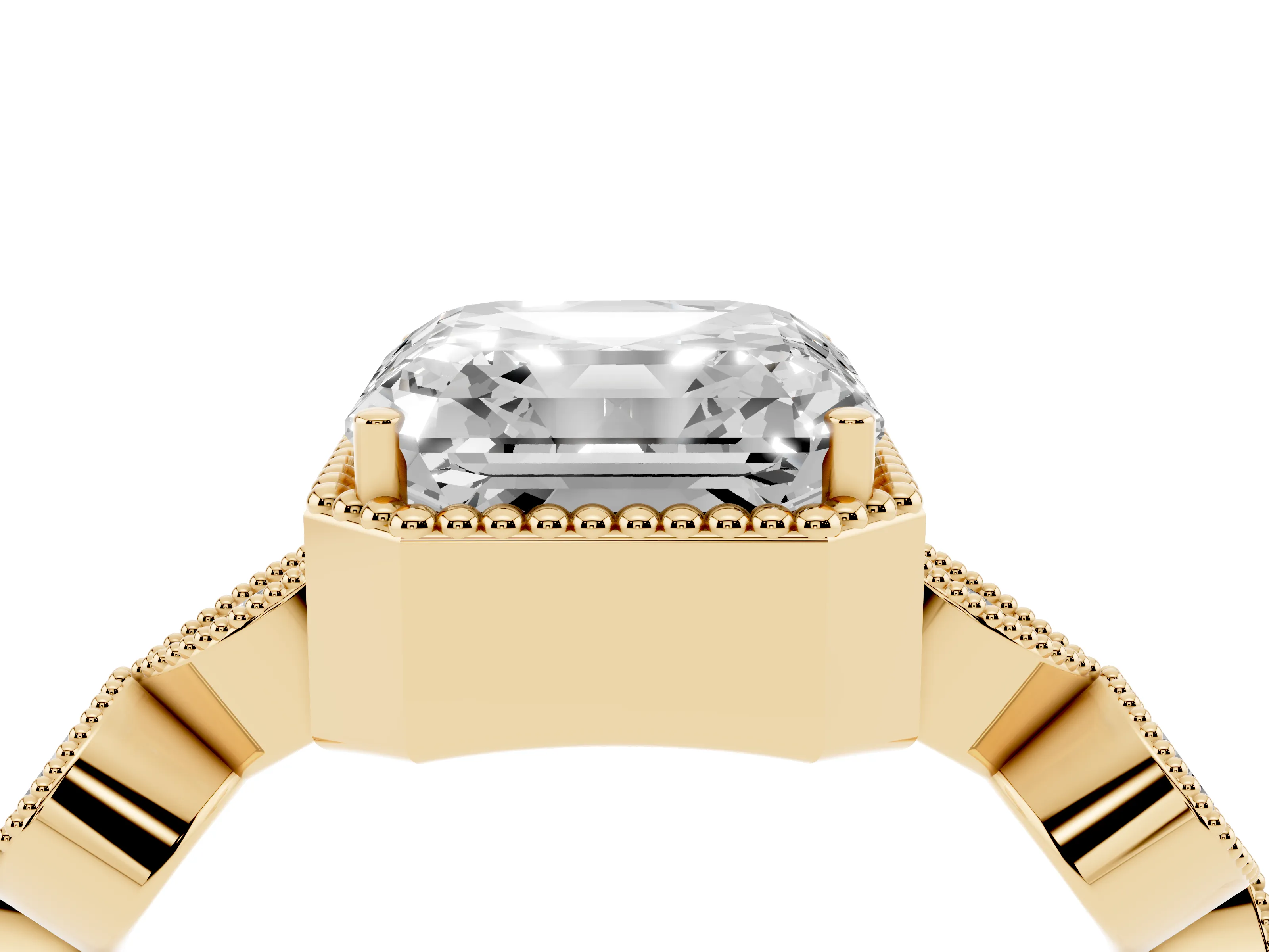Asscher Cut Diamond Vintage-Inspired Milgrain Ring Set in Yellow gold with Marquise Stations of Round Accents