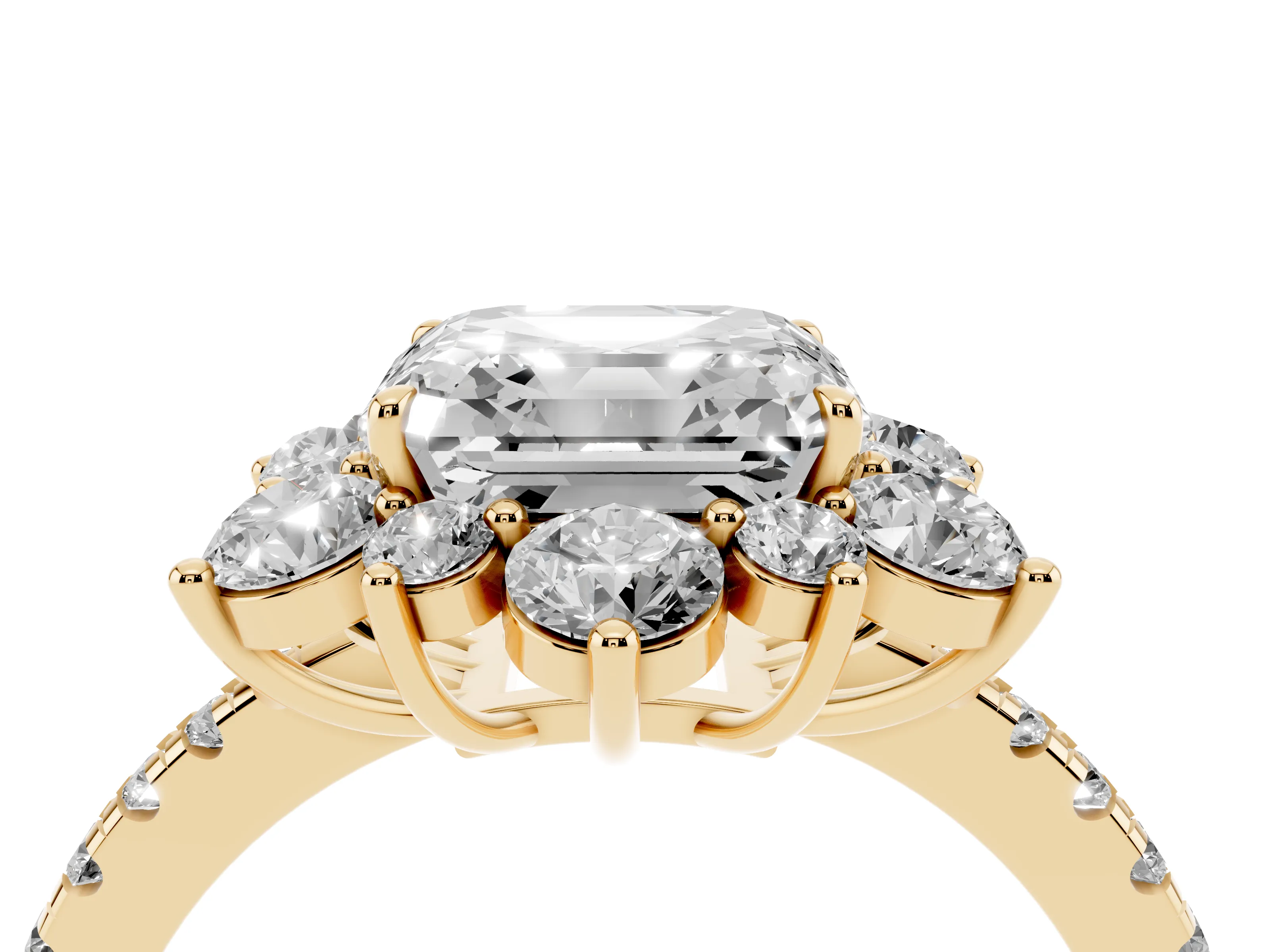 Asscher Cut Diamond Floral Halo Ring Set in Yellow gold with Round Pavé Band and Prong Setting