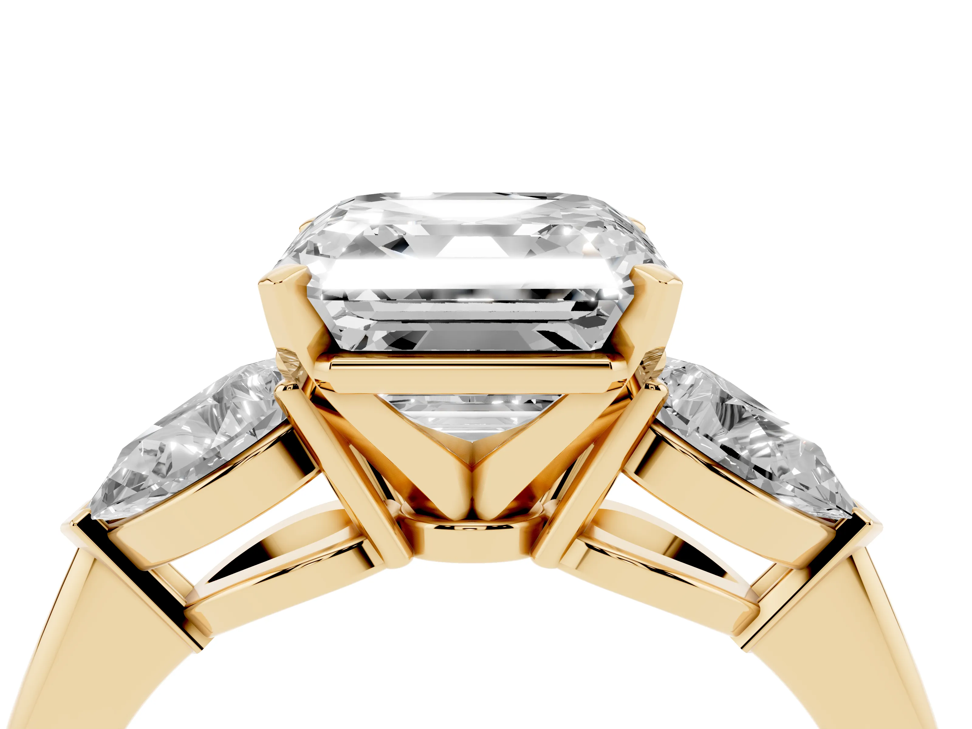 Three-Stone Asscher Cut Diamond Ring Set in Yellow gold with Pear Side Stones and Prong Setting