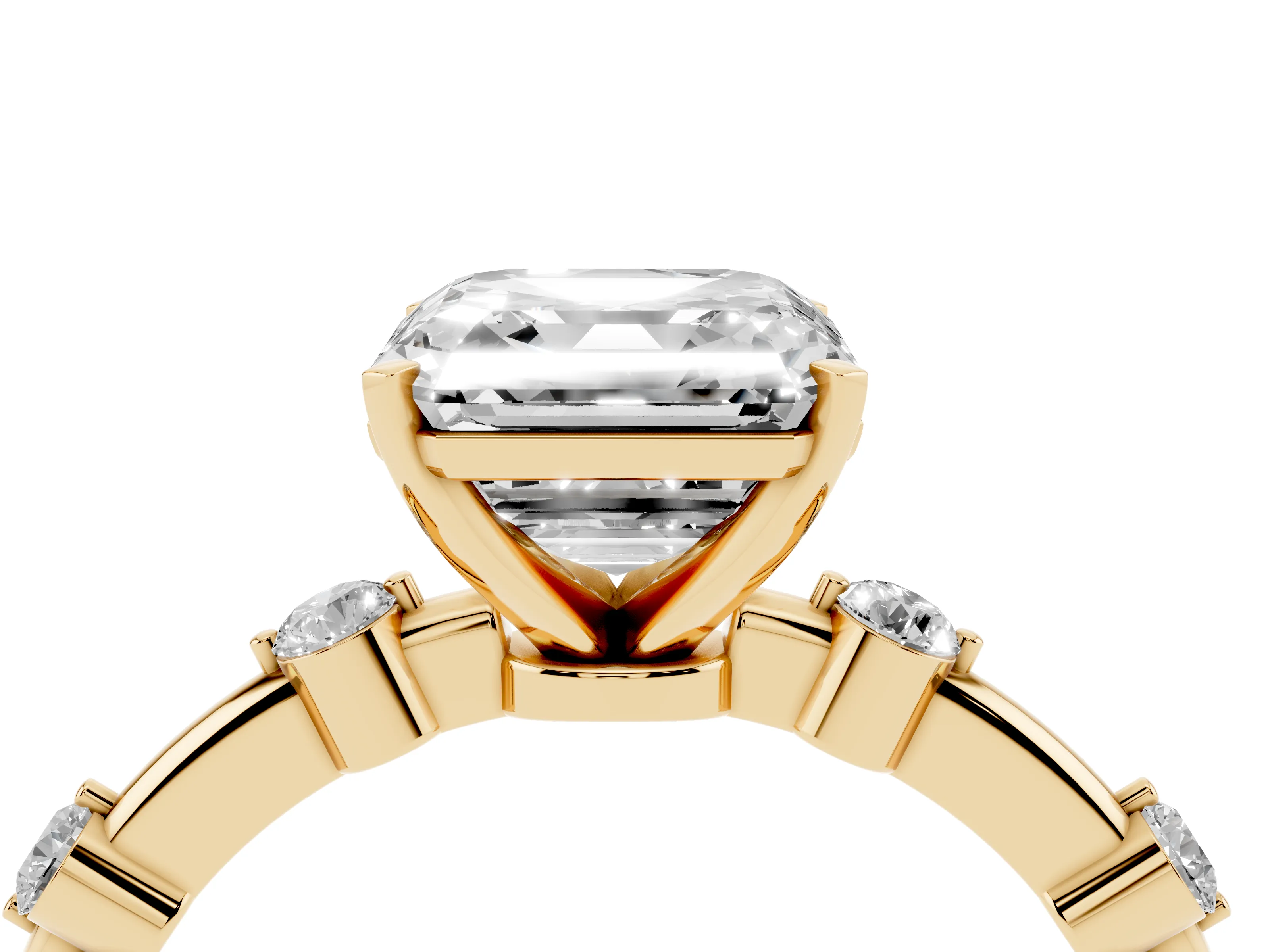 Asscher Cut Diamond Solitaire Ring Set in Yellow gold with Bezel Set Side Stones and Prong Setting
