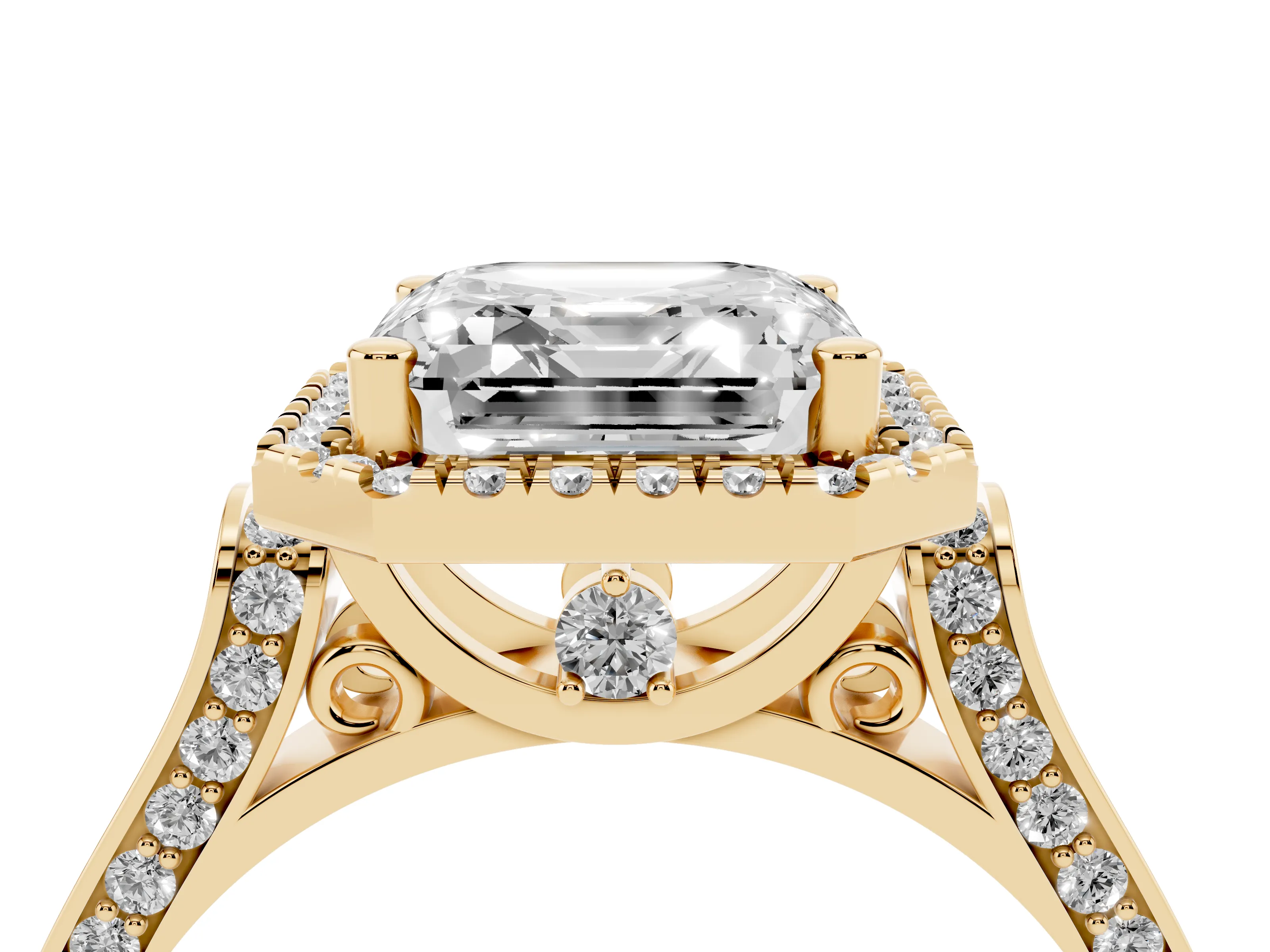 Asscher Cut Diamond Halo Ring Set in Yellow gold with Pavé-Lined Split Shank Band