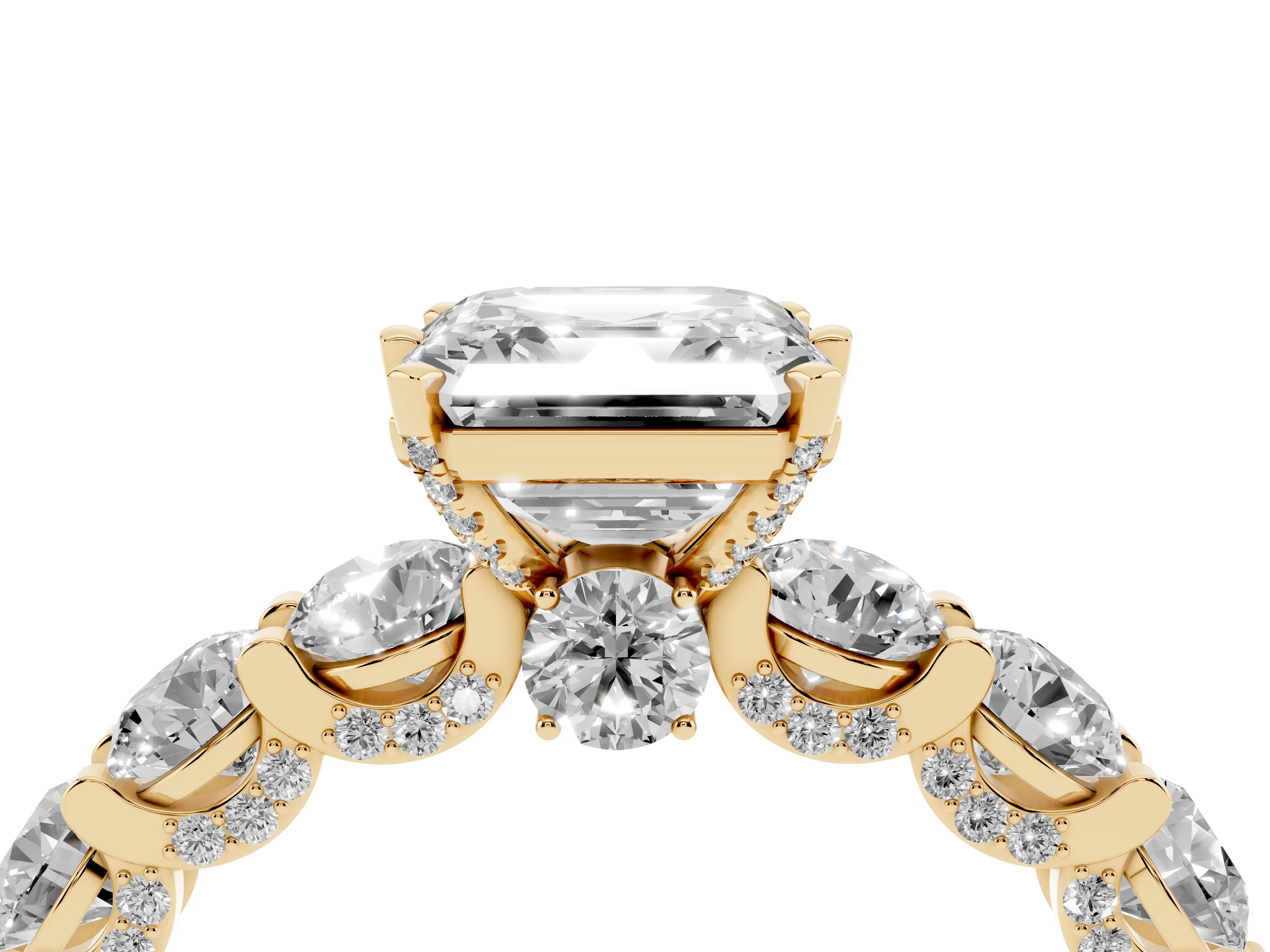 Asscher Cut Diamond Side Stone Ring Set in Yellow gold with Alternating Round and Oval Side Stones