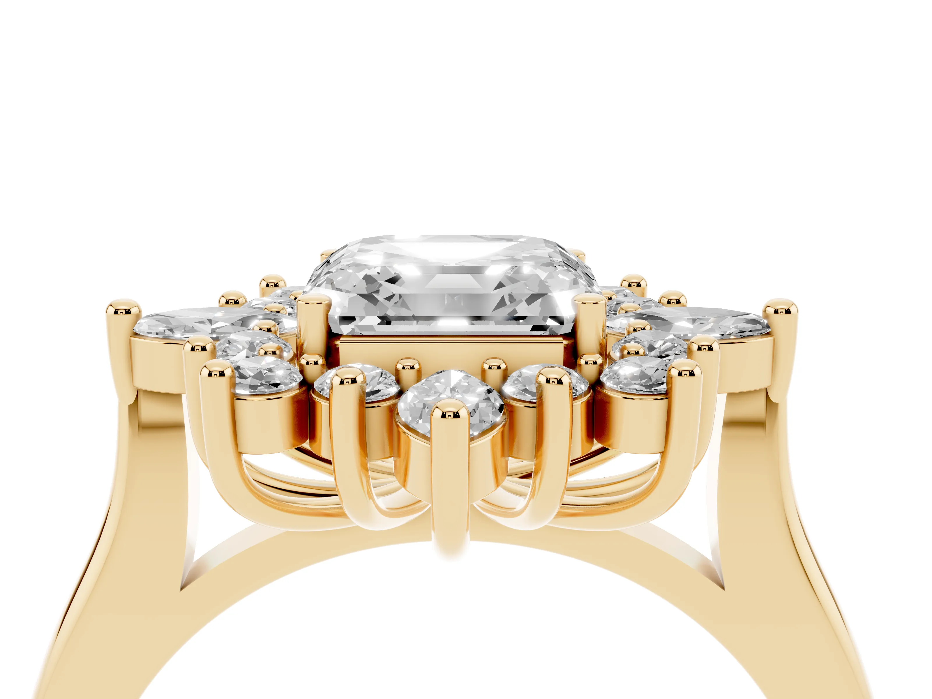 Asscher Cut Diamond Cluster Halo Ring Set in Yellow gold with Marquise and Round Accents