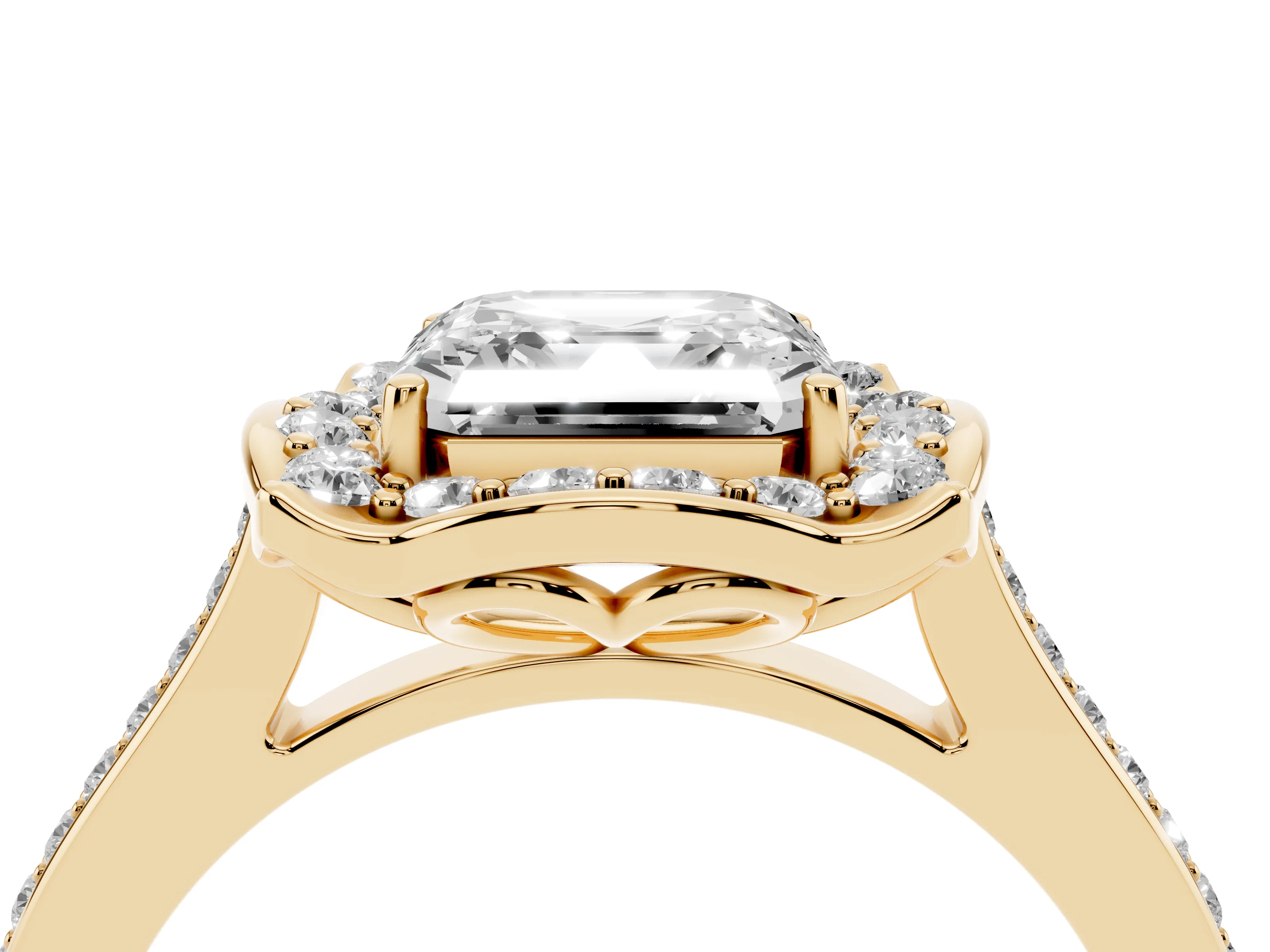 Asscher Cut Diamond Halo Ring Set in Yellow gold with Pavé-Lined Shoulders and Prong Setting