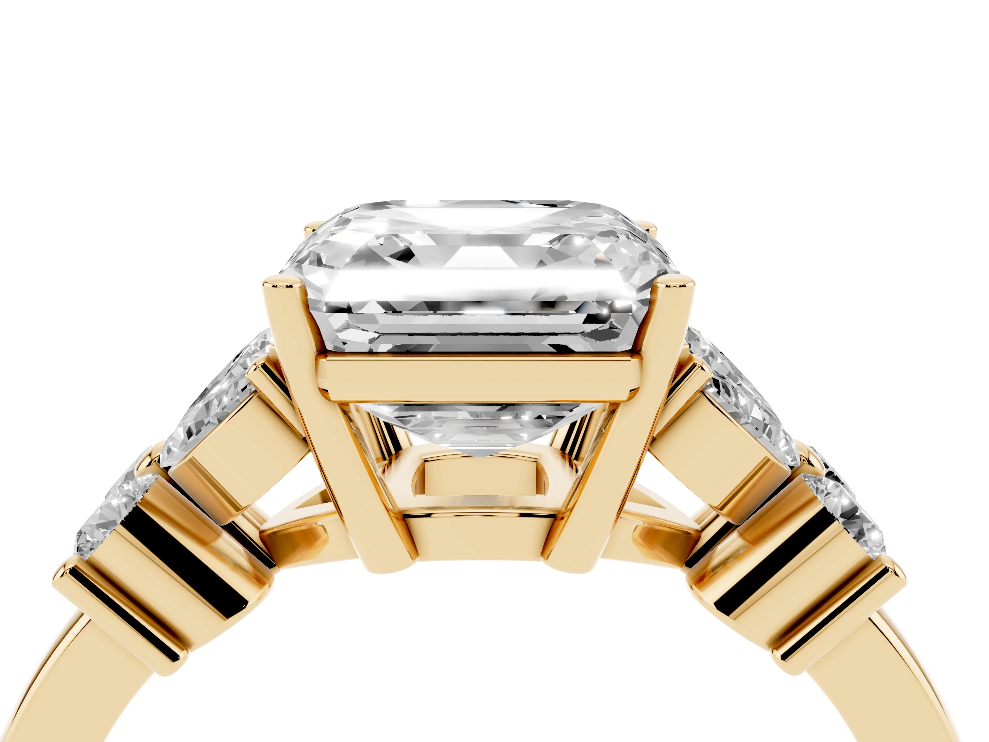 Asscher Cut Diamond Floral Cluster Ring Set in Yellow gold with Marquise Petals and Prong Setting