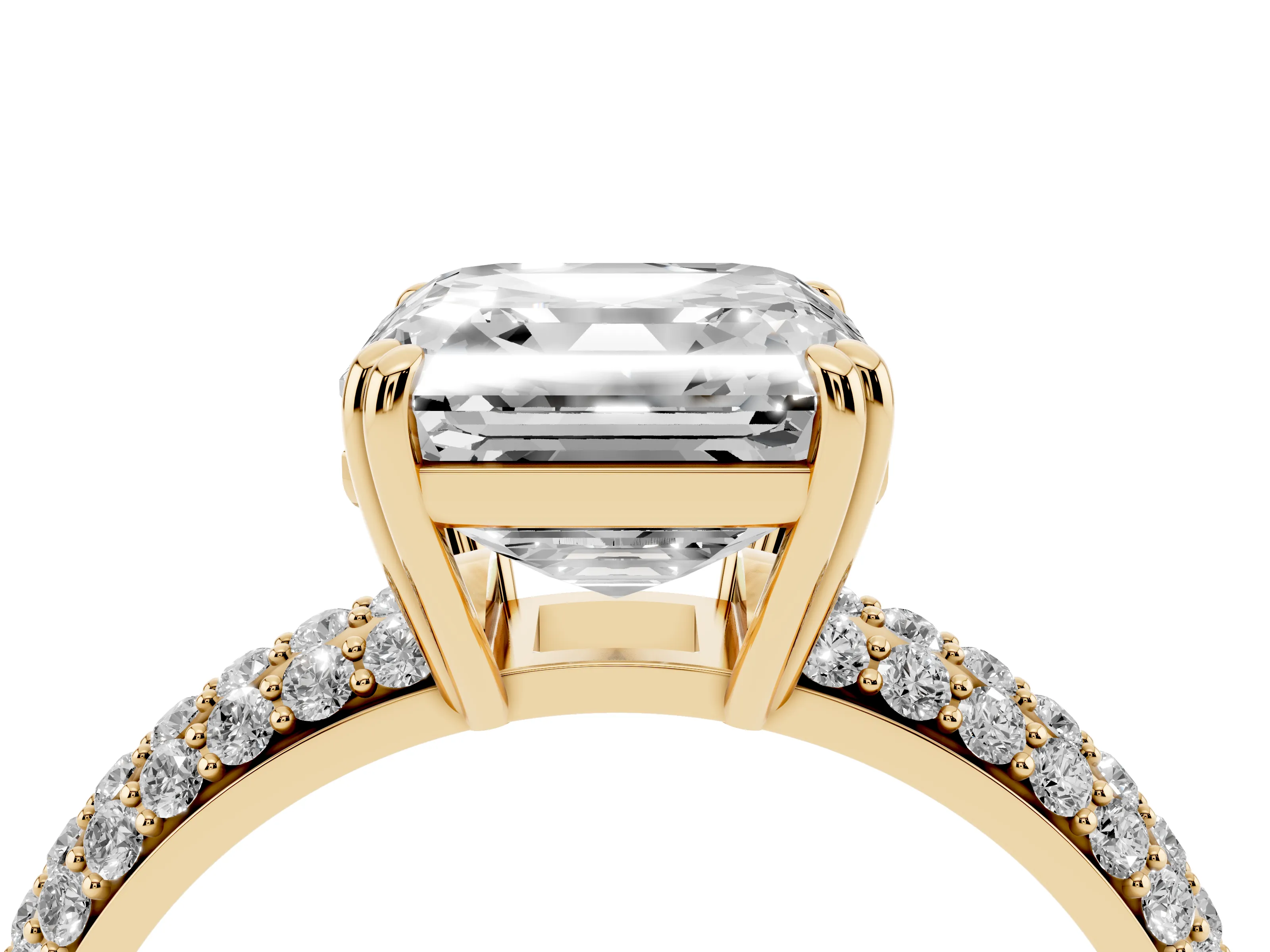 Asscher Cut Diamond Solitaire Ring Set in Yellow gold with Multi-Row Round Pavé Band and Prong Setting