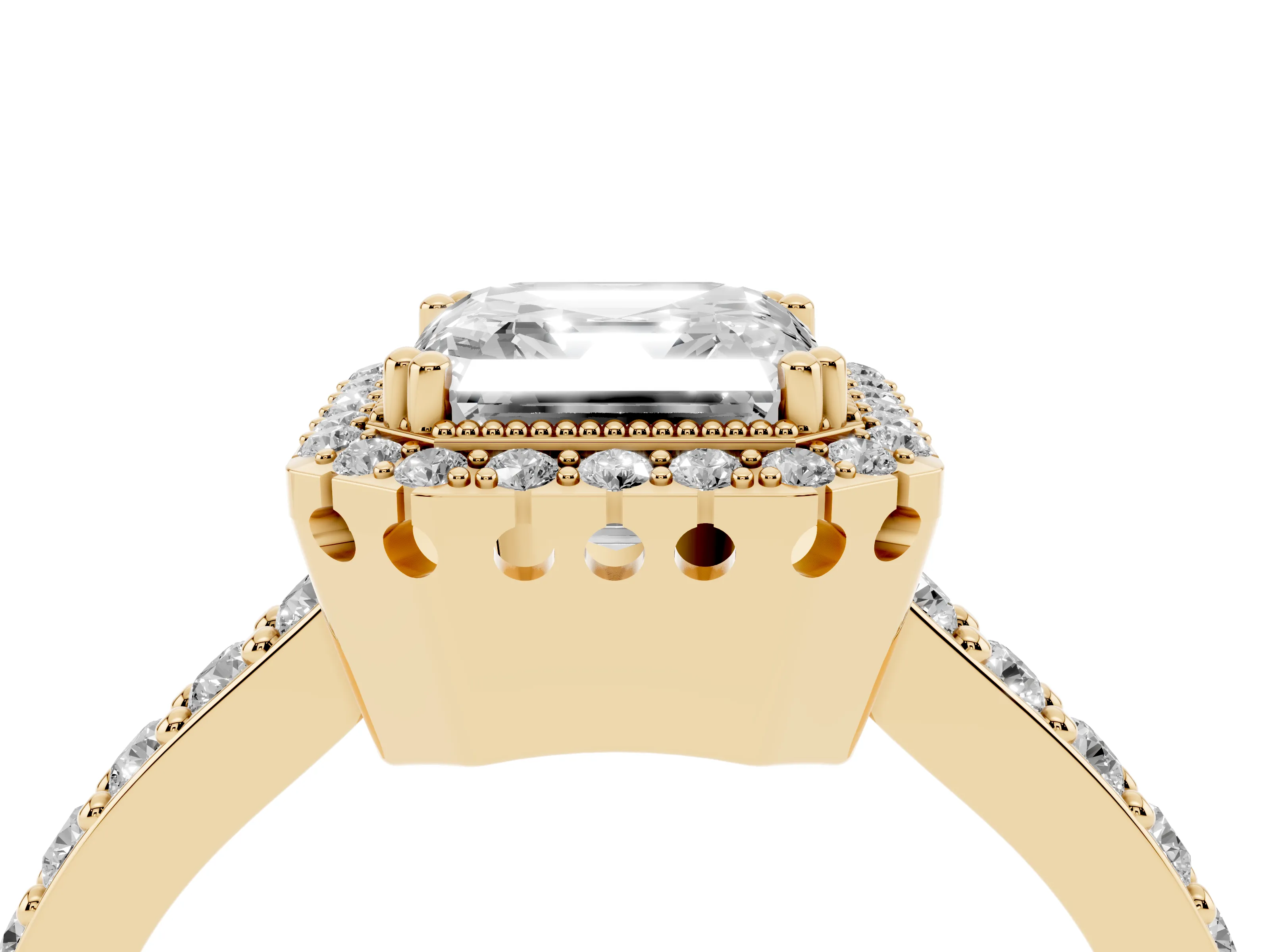 Asscher Cut Diamond Halo Engagement Ring Set in Yellow gold with Milgrain Detail and Pavé Band
