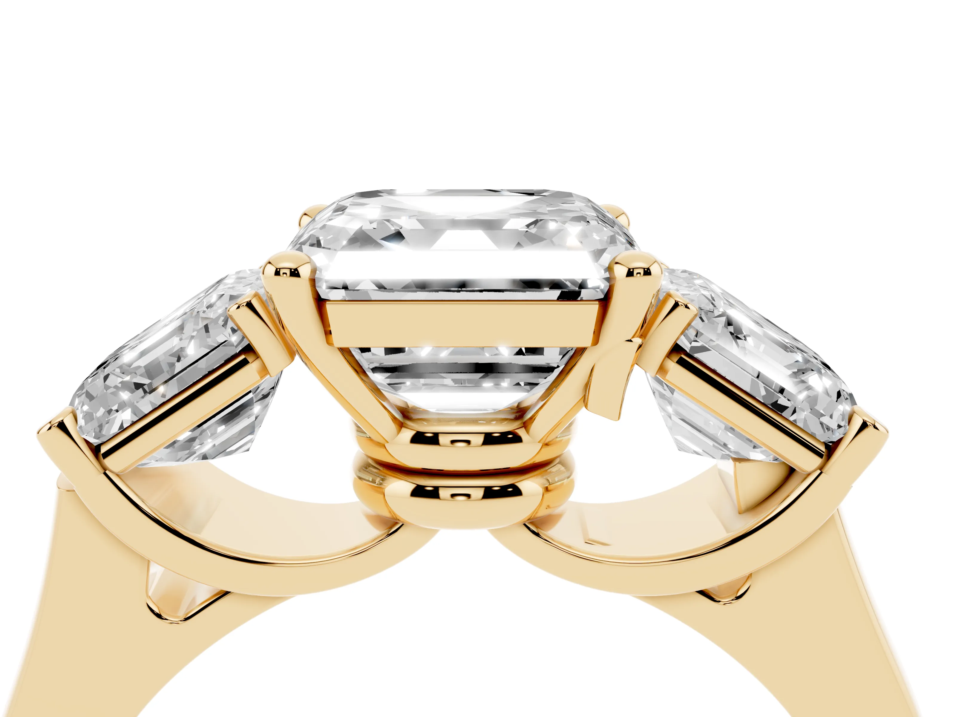 Asscher Cut Diamond Three-Stone Trellis Ring Set in Yellow gold with Comfort Fit Band