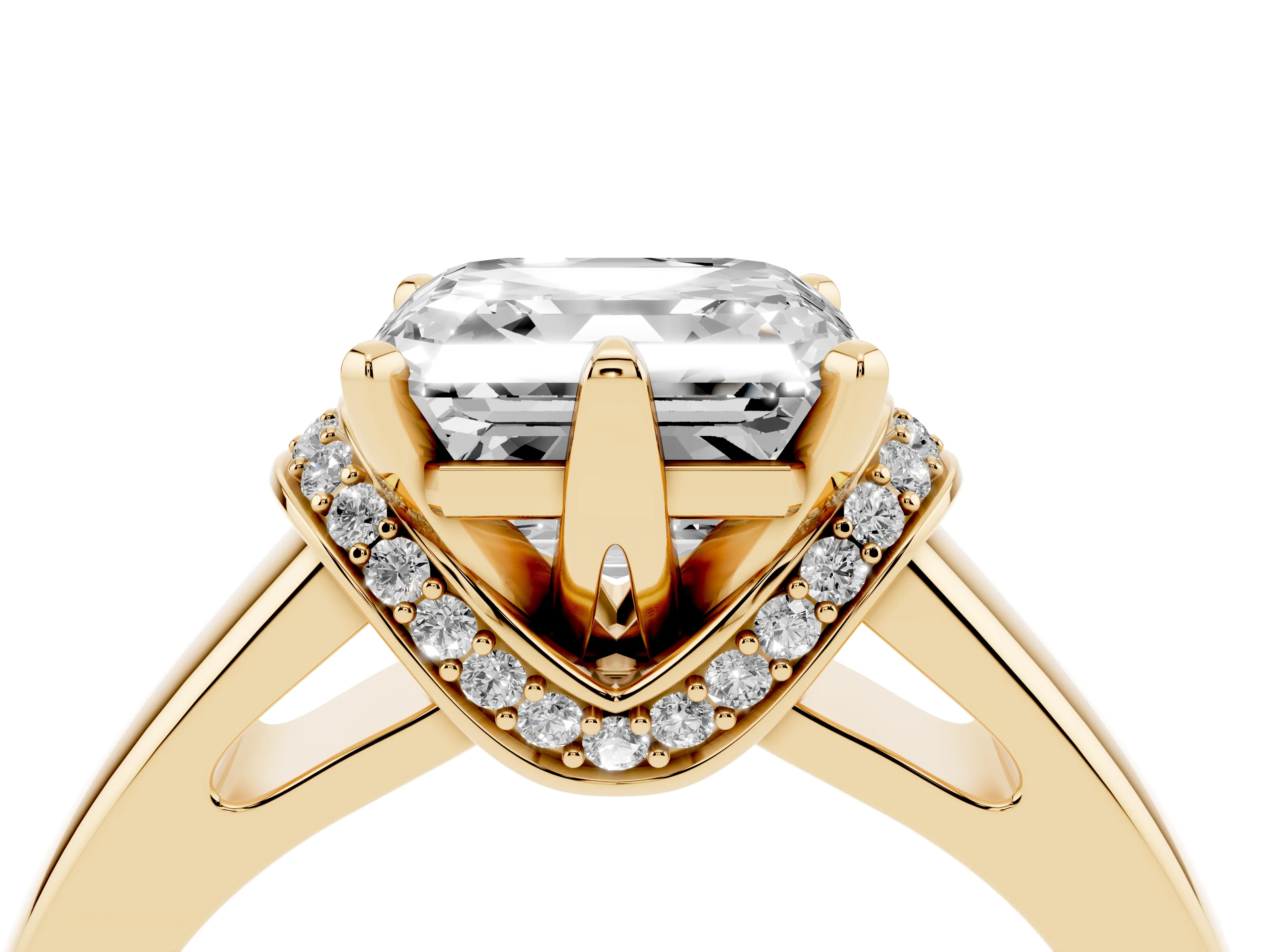 Asscher Cut Diamond Pavé Band Solitaire Ring Set in Yellow gold with Prong Setting