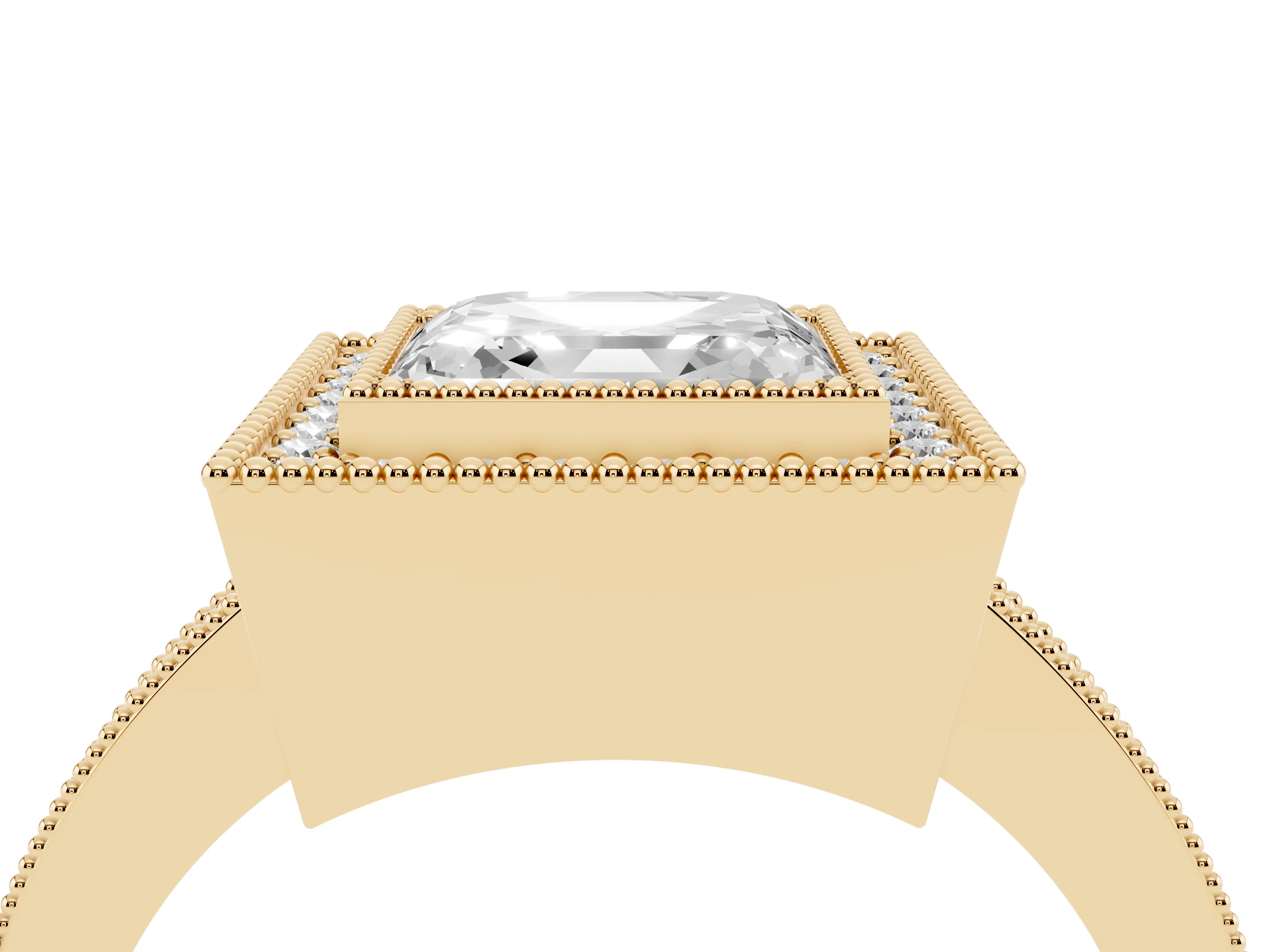 Asscher Cut Diamond Halo Engagement Ring Set in Yellow gold with Pavé Band and Round Halo Stones