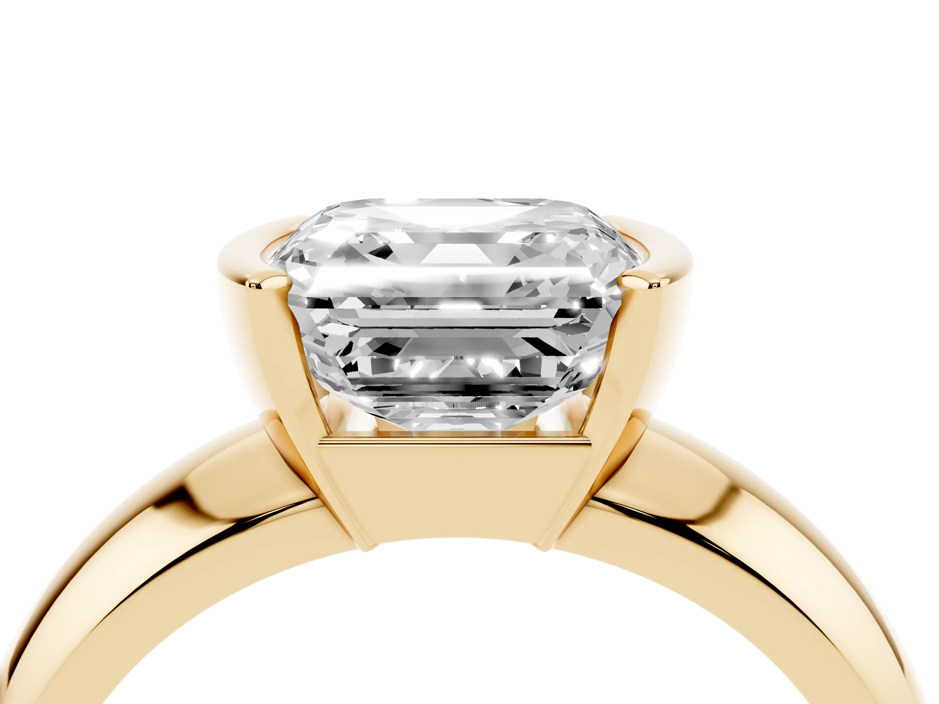 Asscher Cut Diamond Solitaire Tension Set Ring Set in Yellow gold with Wide Band