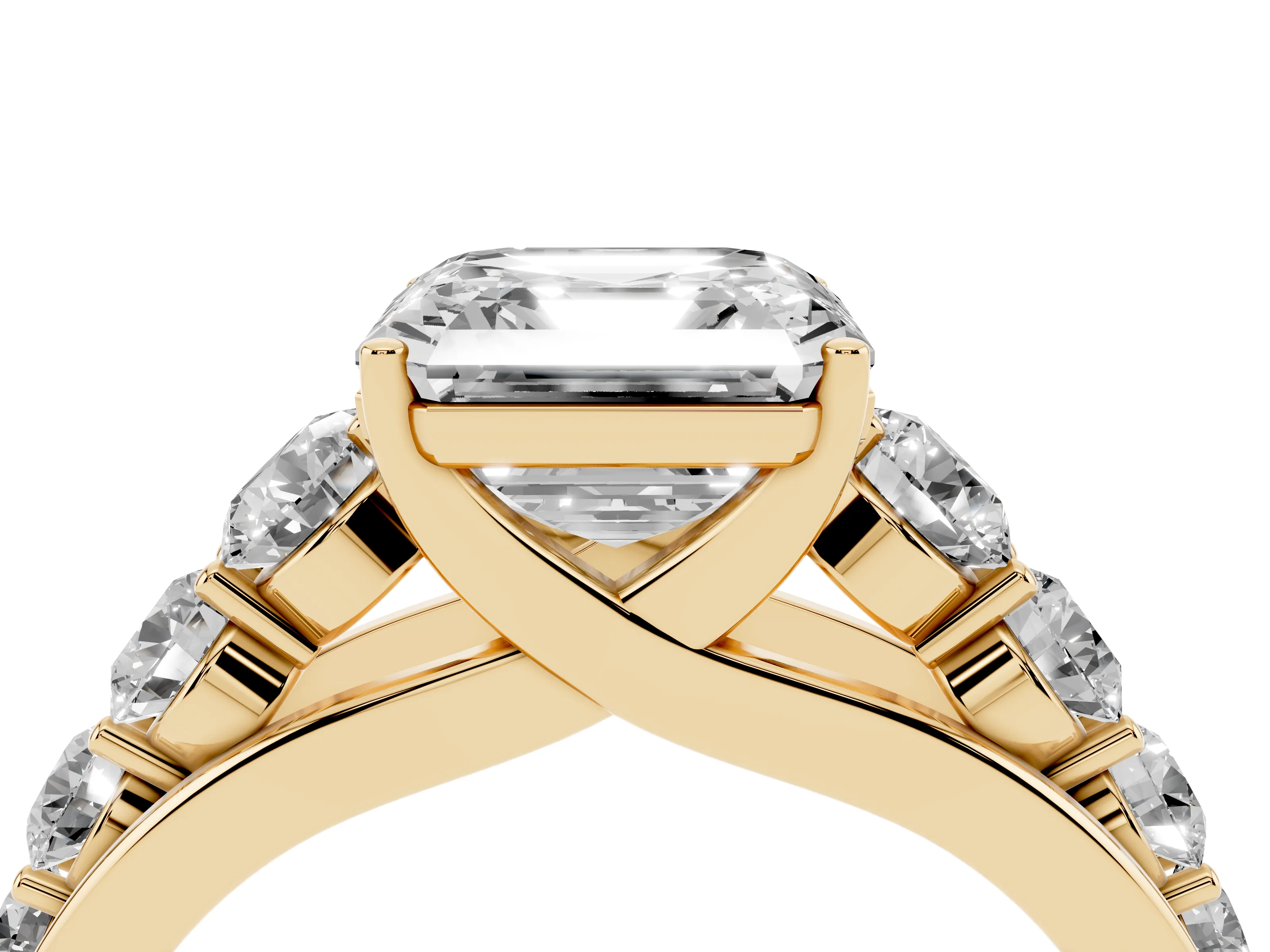 Asscher Cut Diamond Solitaire Ring Set in Yellow gold with Pavé-Set Band and Prong Setting