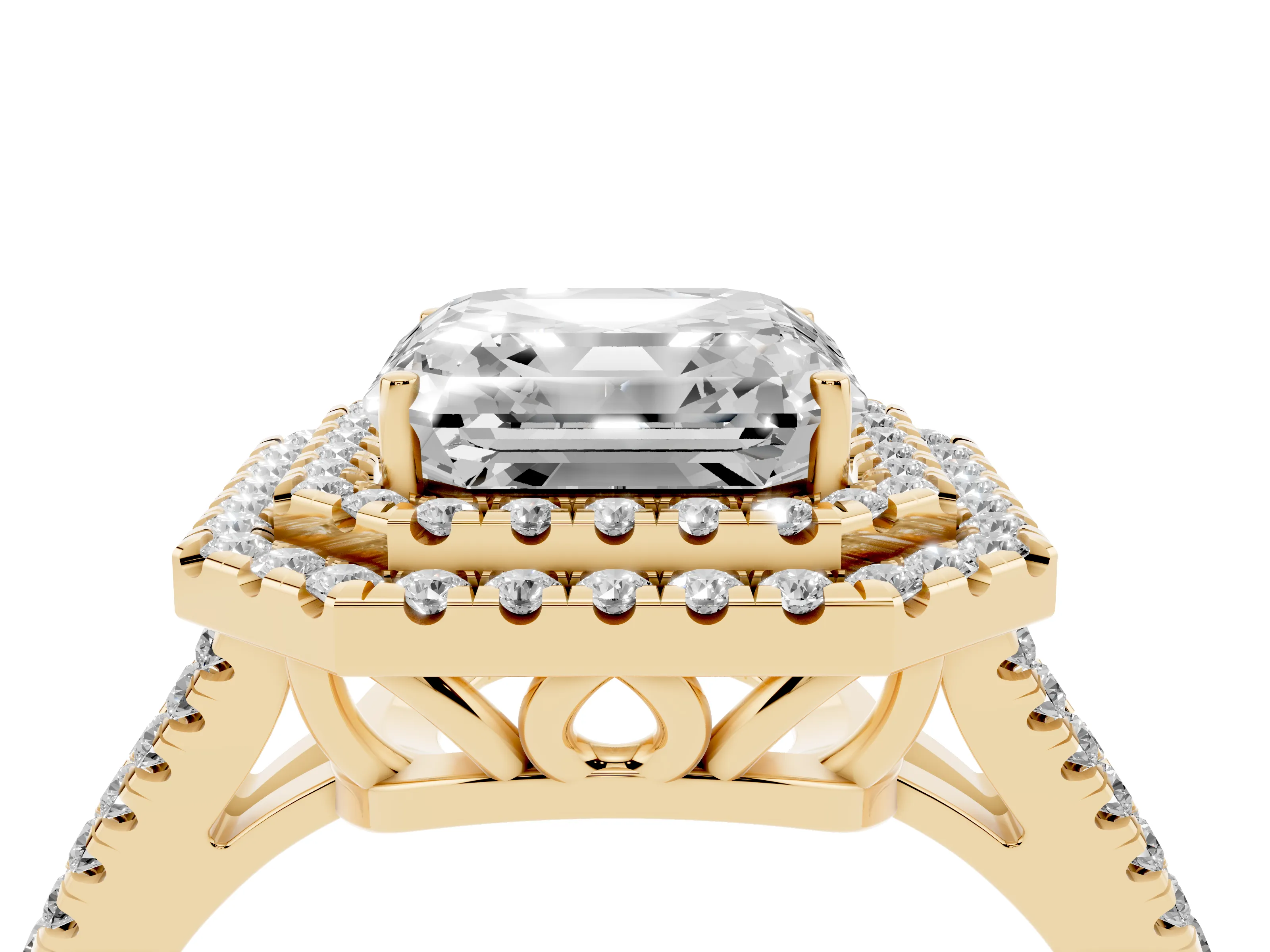 Asscher Cut Diamond Double Halo Ring Set in Yellow gold with Pavé Band