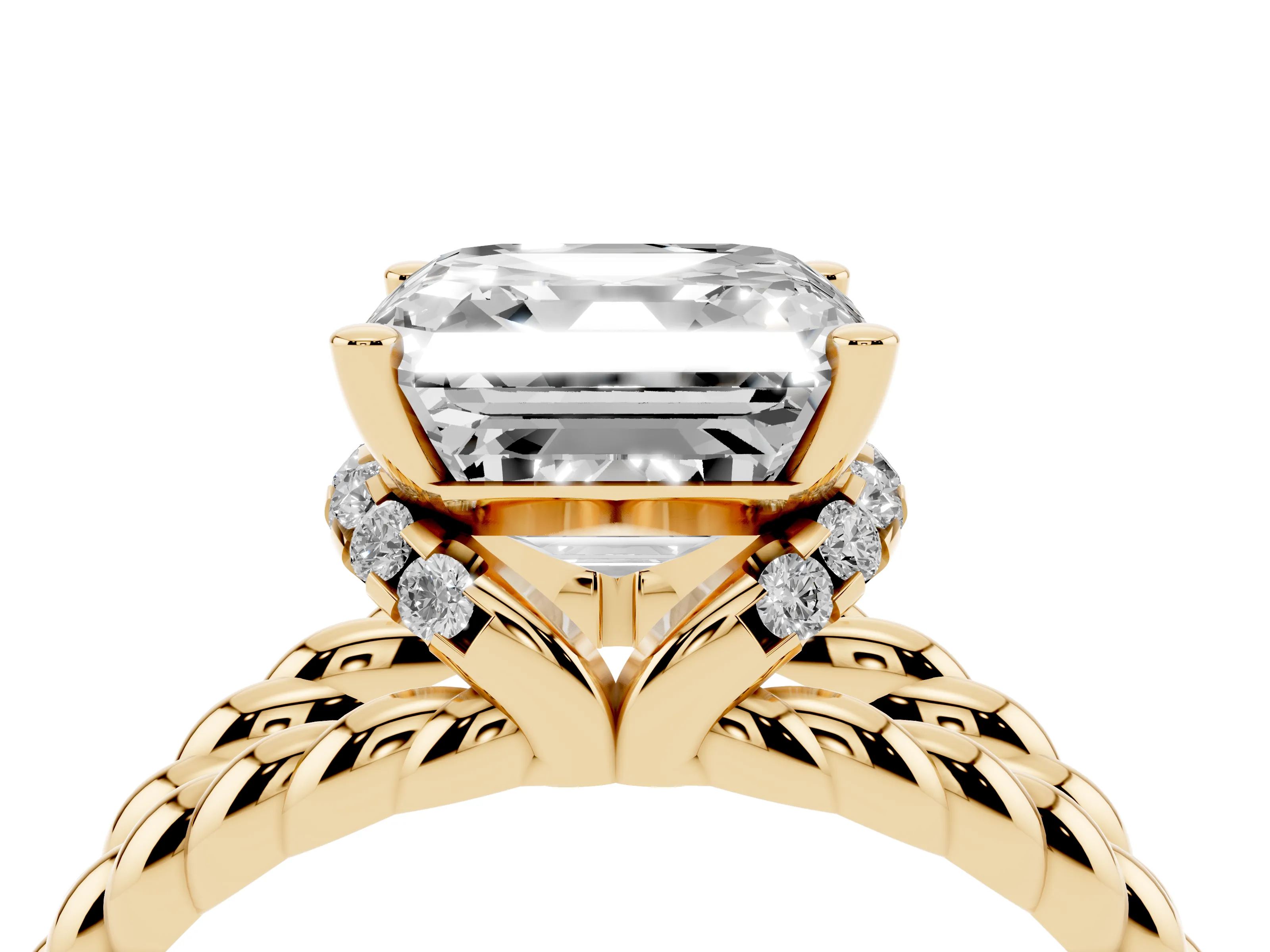 Asscher Cut Diamond Halo Ring Set in Yellow gold with Twisted Band and Prong Setting