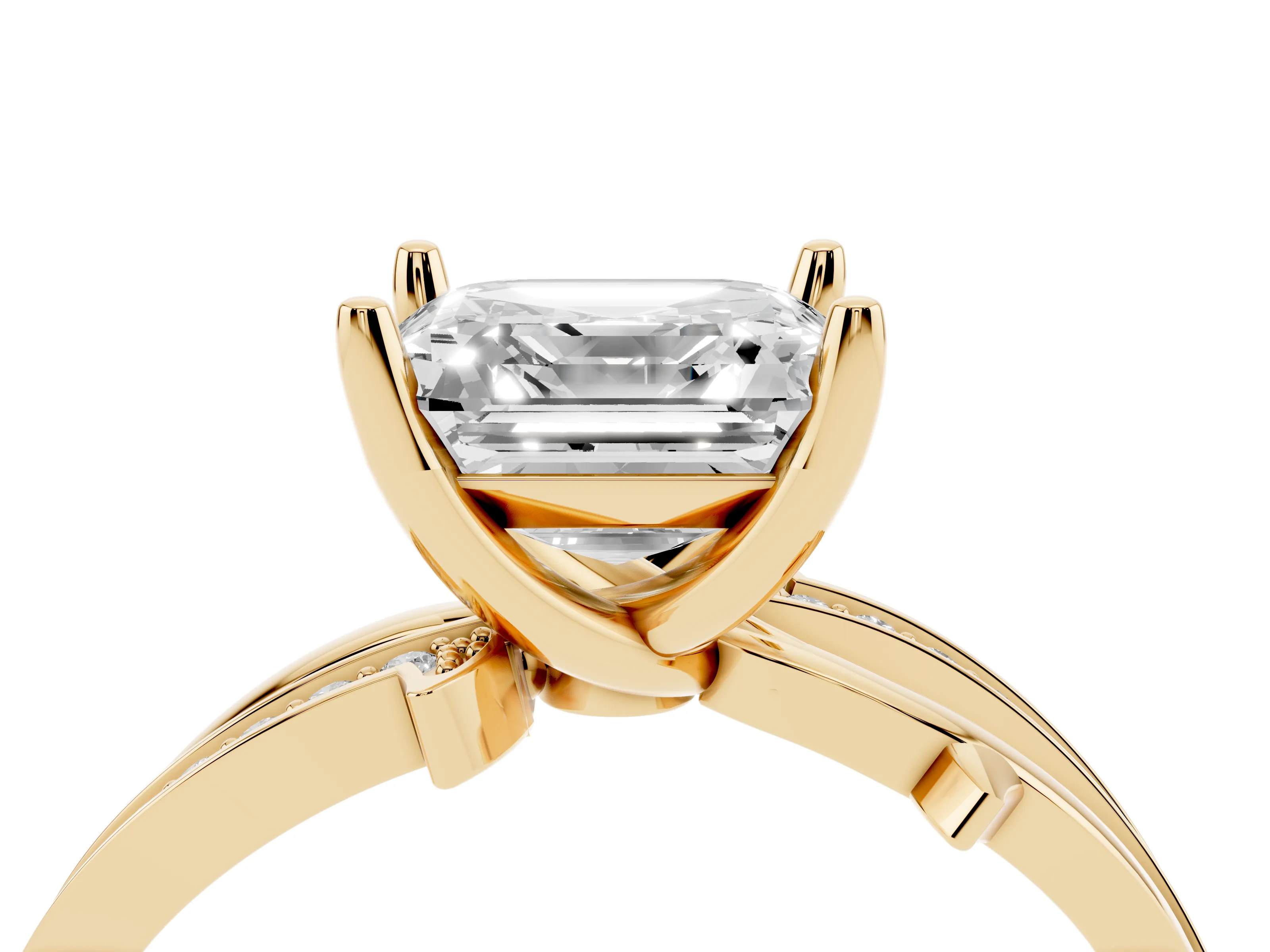 Asscher Cut Diamond Pavé Twist Band Solitaire Ring Set in Yellow gold with Prong Setting