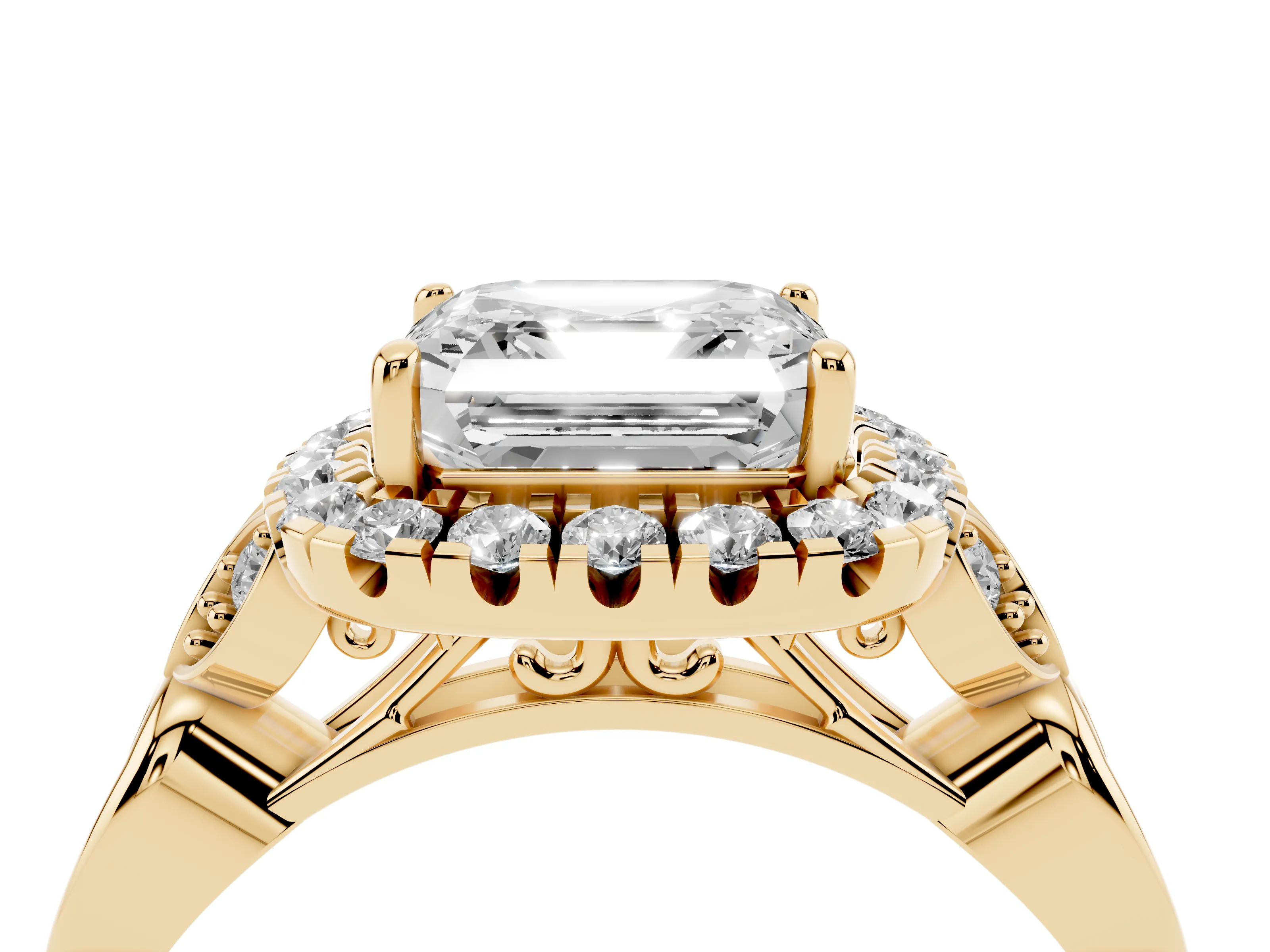 Asscher Cut Diamond Halo Engagement Ring Set in Yellow gold with Vintage-Inspired Band and Prong Setting