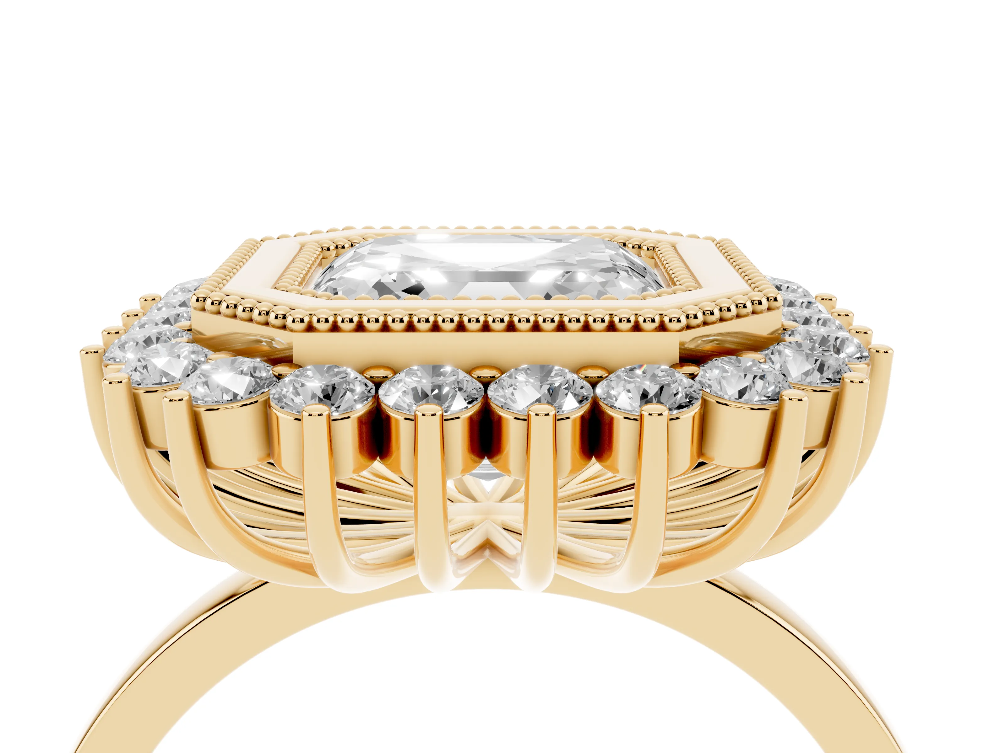 Asscher Cut Diamond Halo Ring Set in Yellow gold with Milgrain Edge and Round Prong Setting