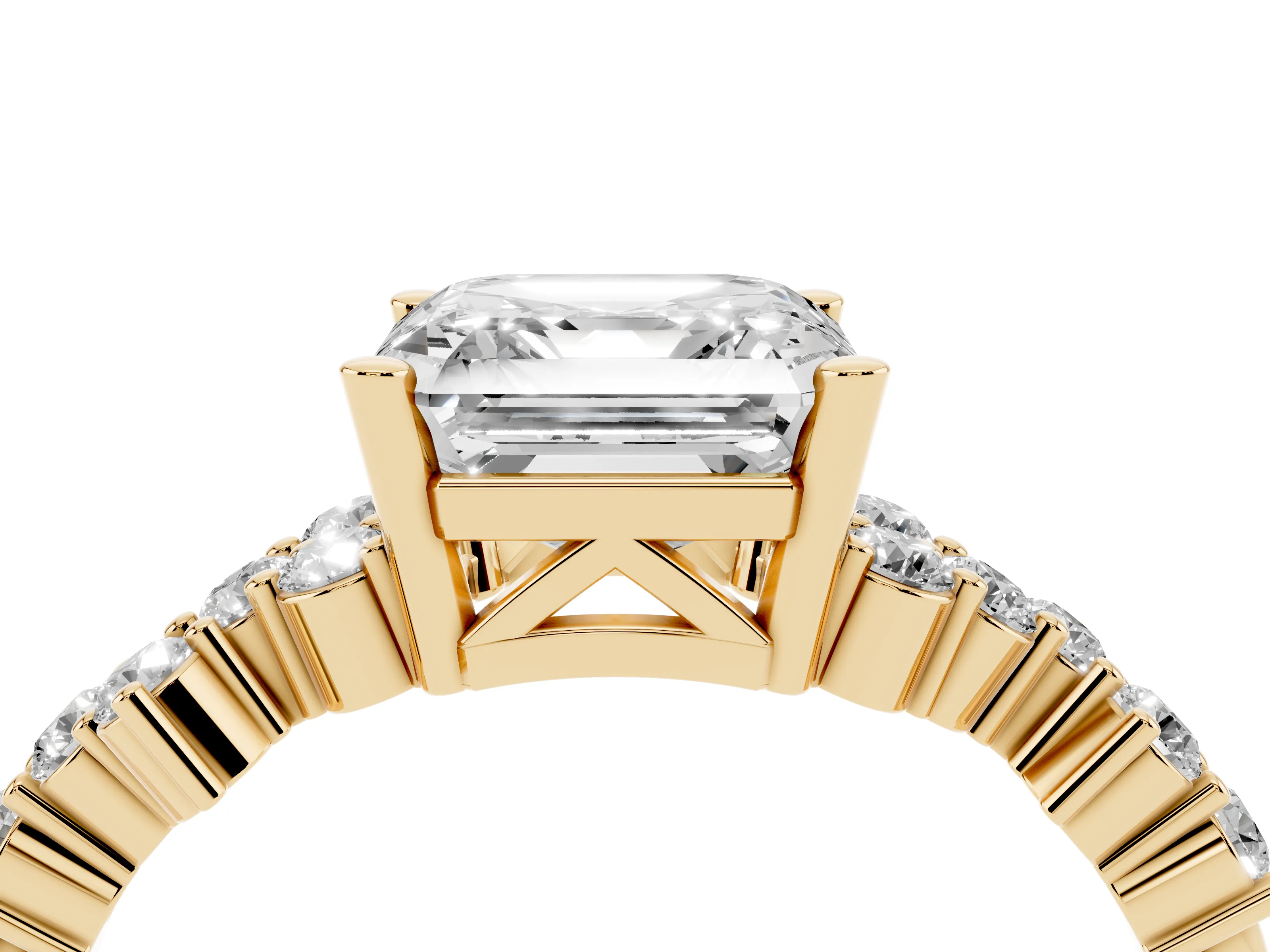 Asscher Cut Diamond Ring Set in Yellow gold with Scattered Round Accents