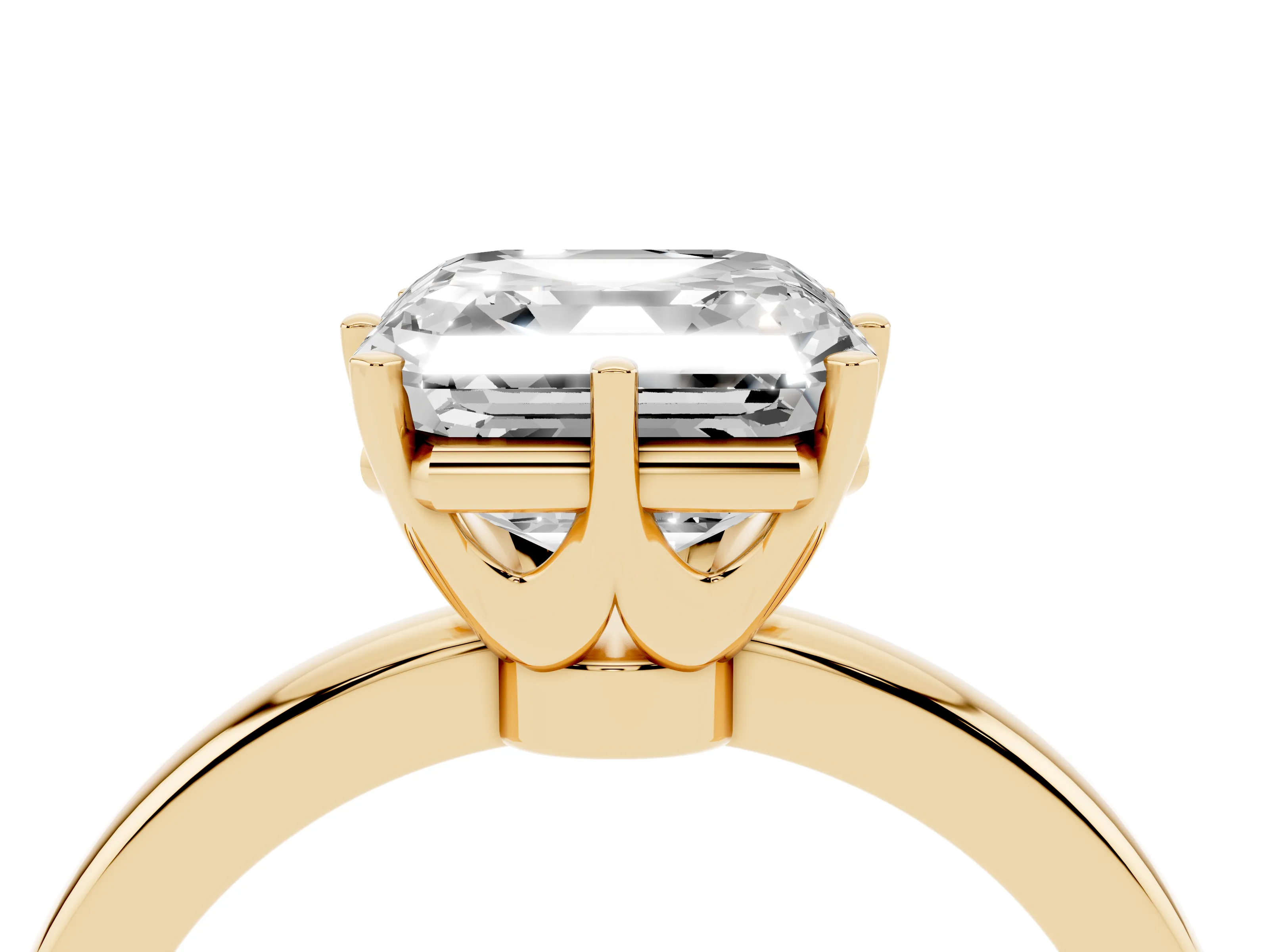 Asscher Cut Diamond Solitaire Ring Set in Yellow gold with Raised Prong Setting on a Classic Band