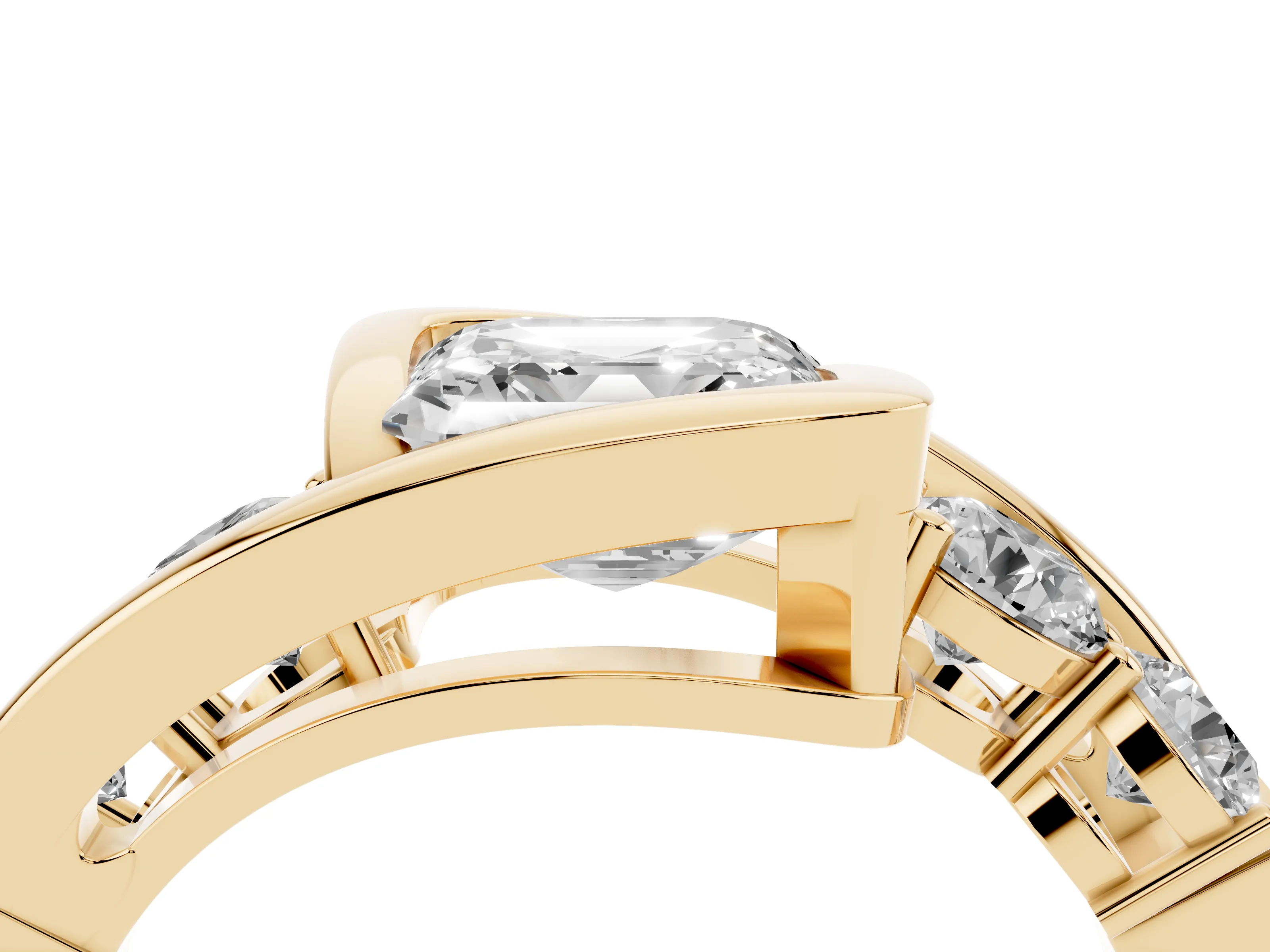 Asscher Cut Diamond Bezel Bypass Ring Set in Yellow gold with Round Accents