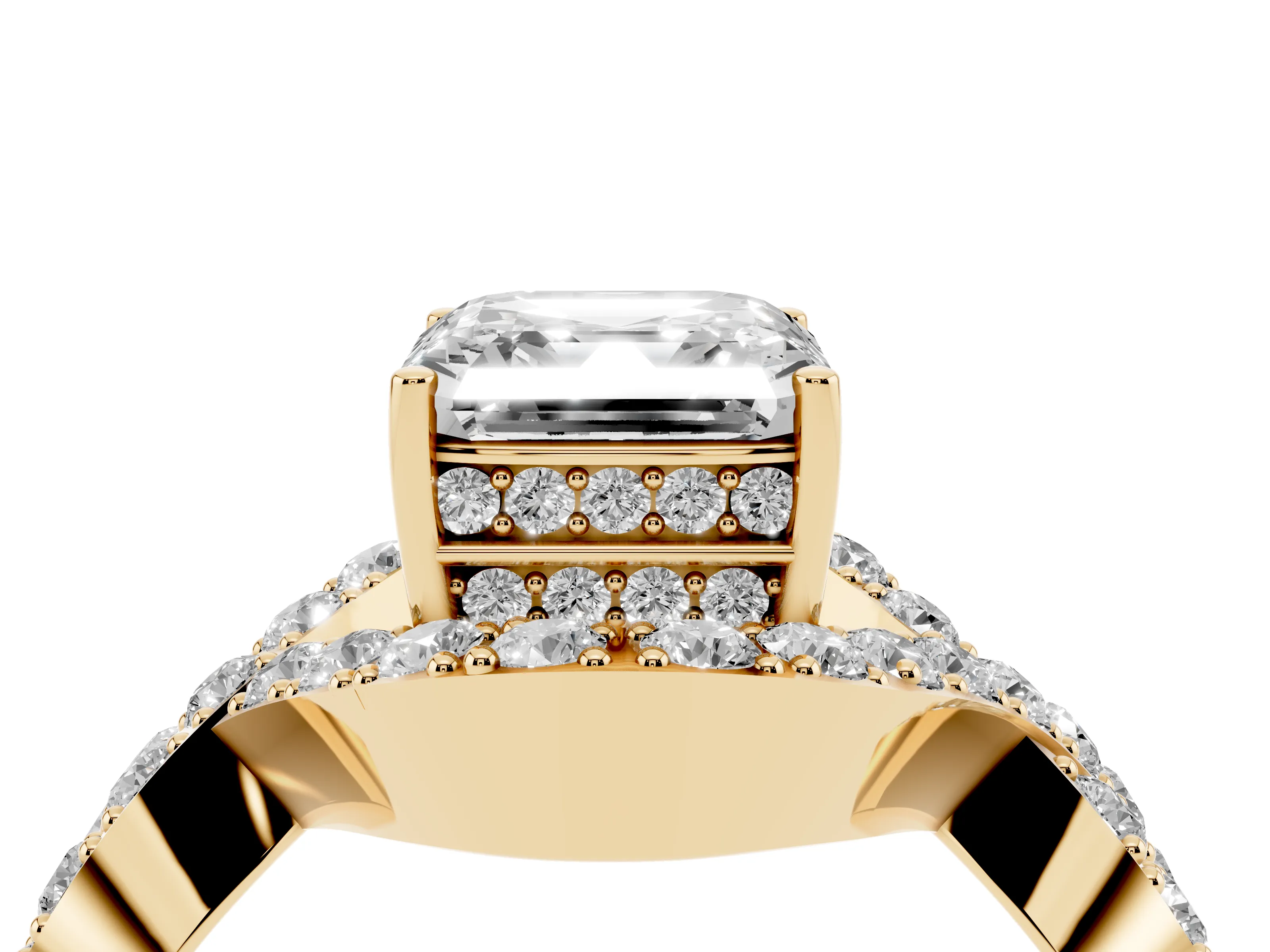 Asscher Cut Diamond Solitaire Twist Band Pavé Engagement Ring Set in Yellow gold