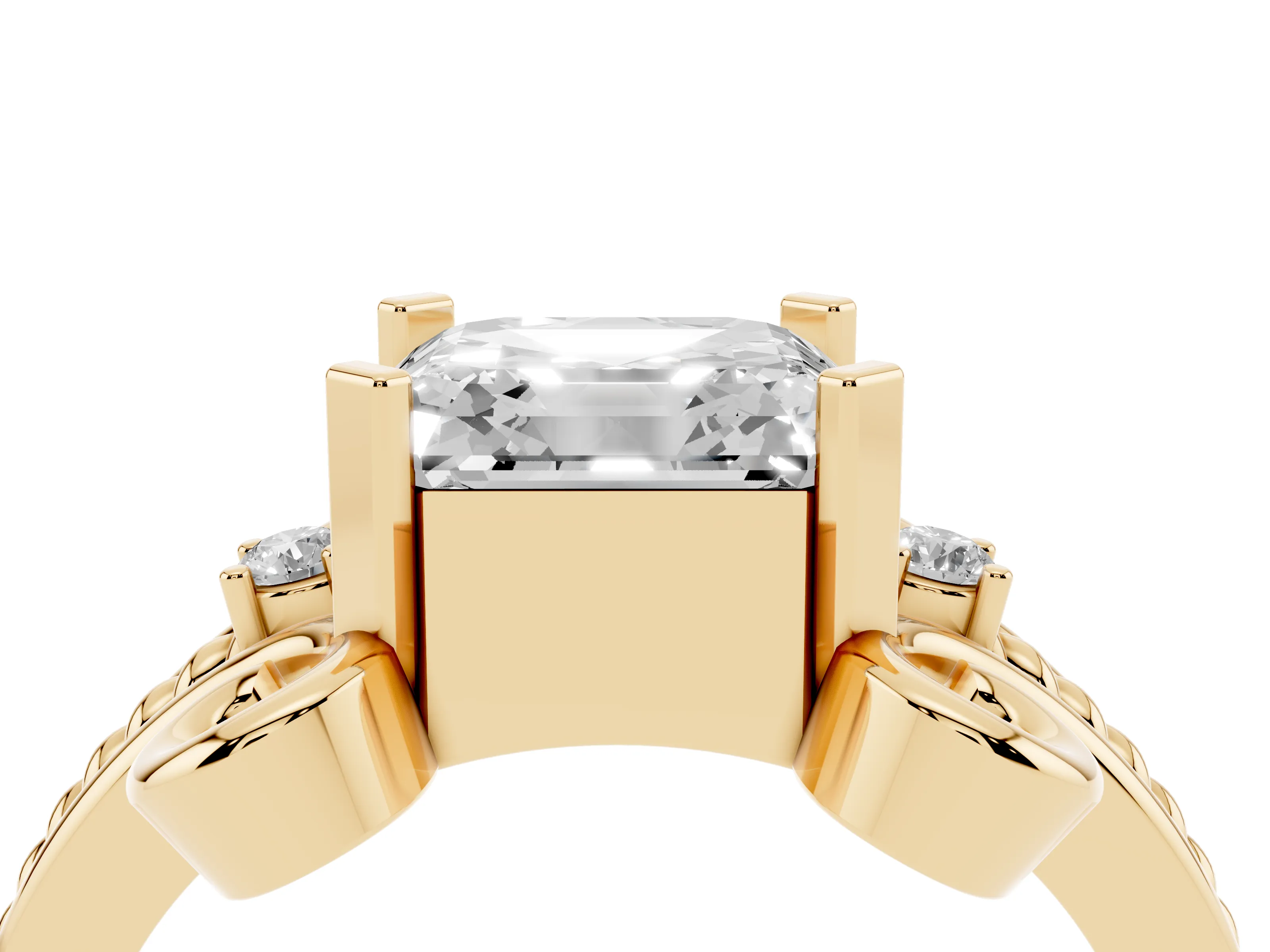 Asscher Cut Diamond Twisted Band Solitaire Ring Set in Yellow gold with Scroll Prongs