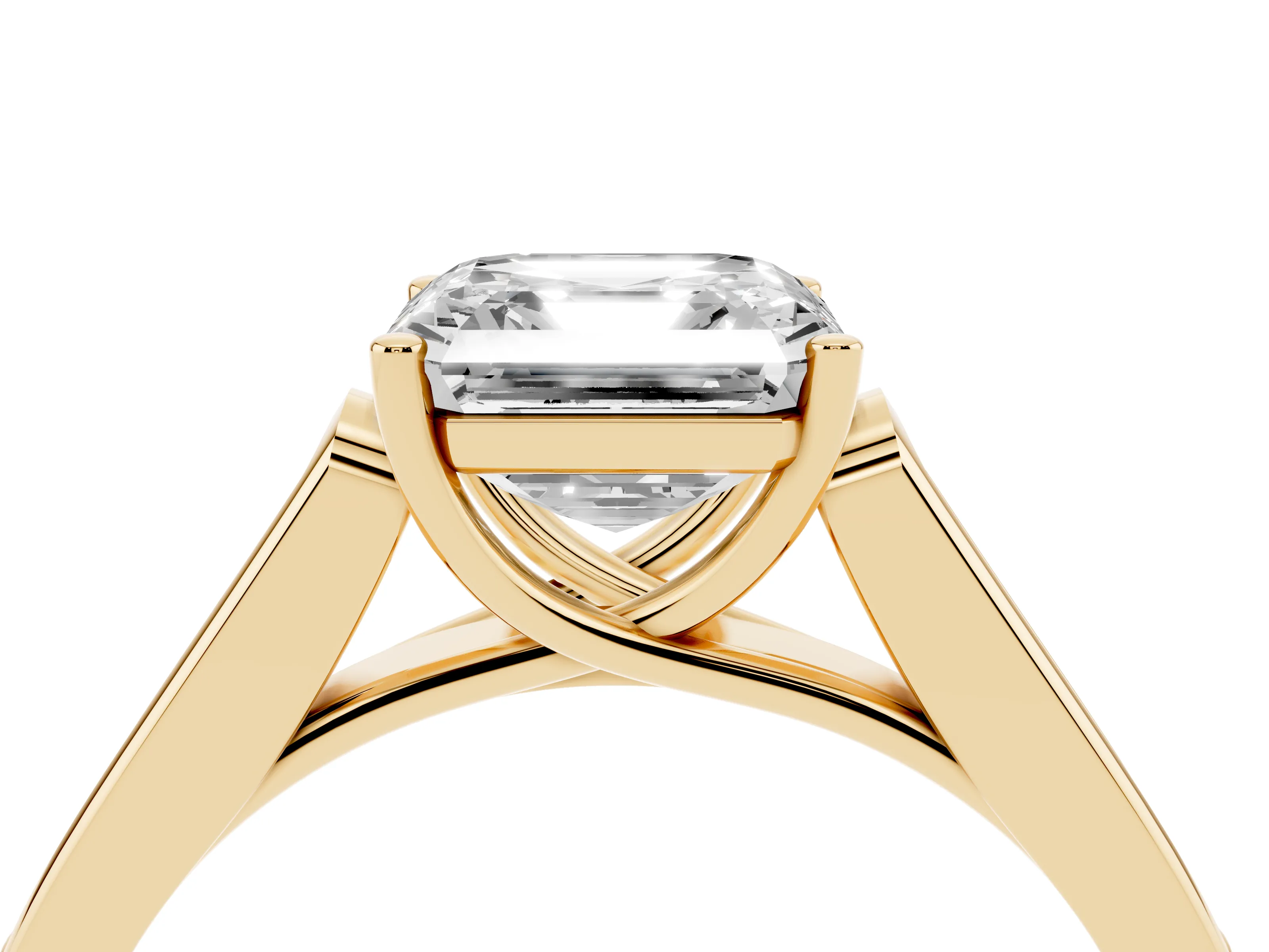 Asscher Cut Diamond Solitaire Cathedral Engagement Ring Set in Yellow gold with Channel-Set Band and Prong Setting