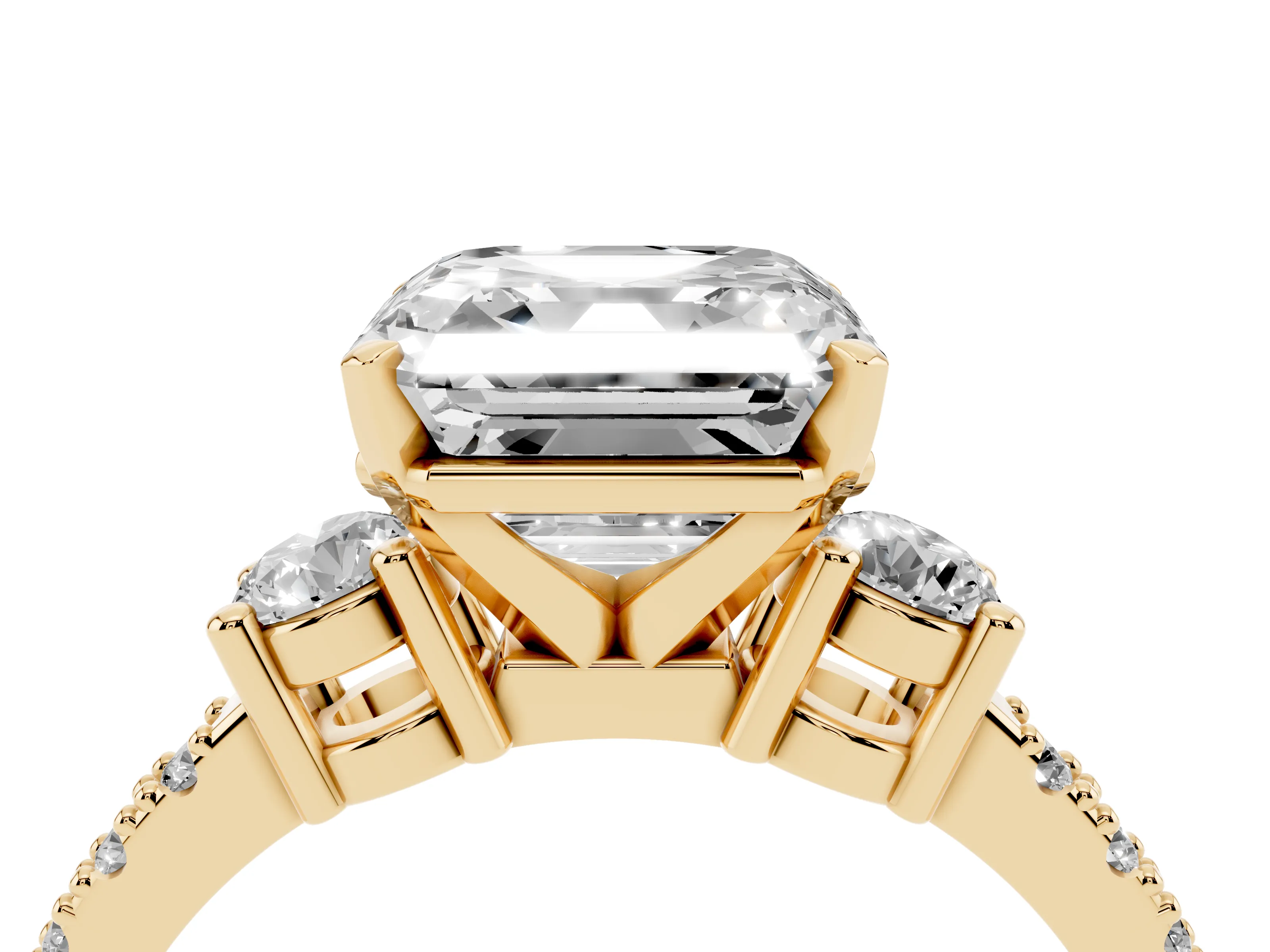 Three-Stone Asscher Cut Diamond Pavé Band Ring Set in Yellow gold with Prong Setting