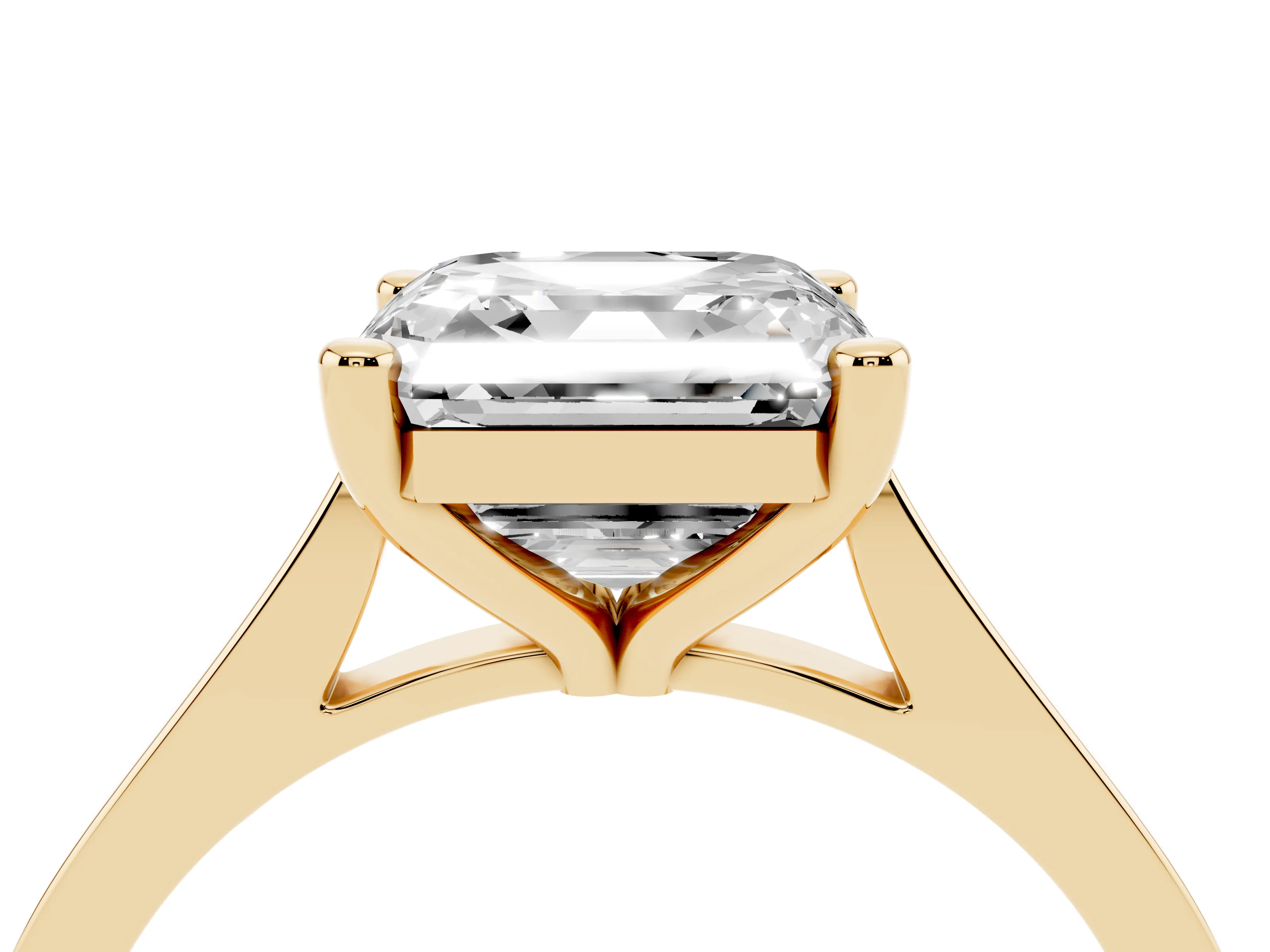 Asscher Cut Diamond Solitaire Ring Set in Yellow gold with Prong Setting and Tapered Band