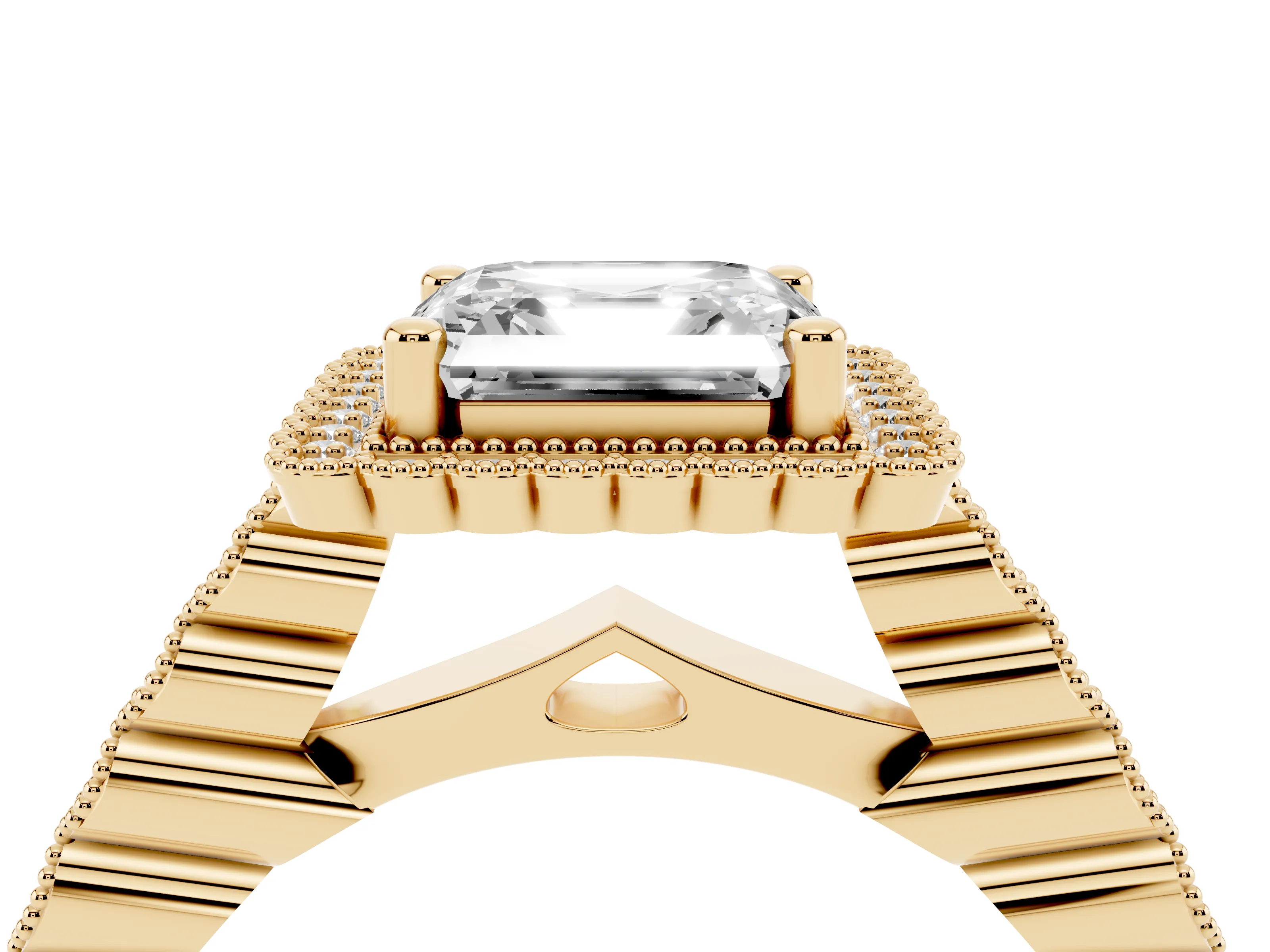 Asscher Cut Diamond Halo Ring Set in Yellow gold with Pavé Milgrain Band