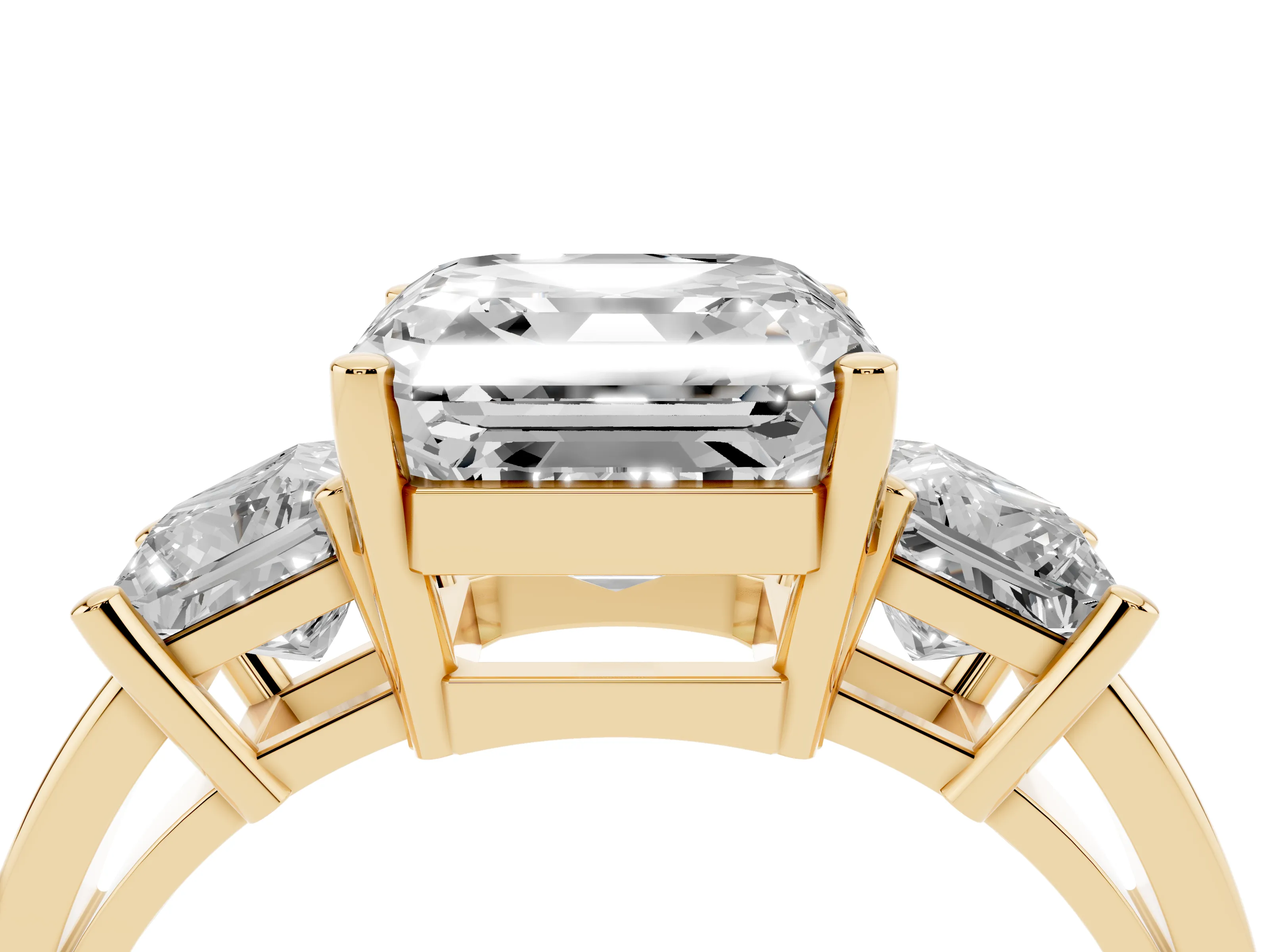 Three-Stone Asscher Cut Diamond Solitaire Ring Set in Yellow gold with Prong Setting