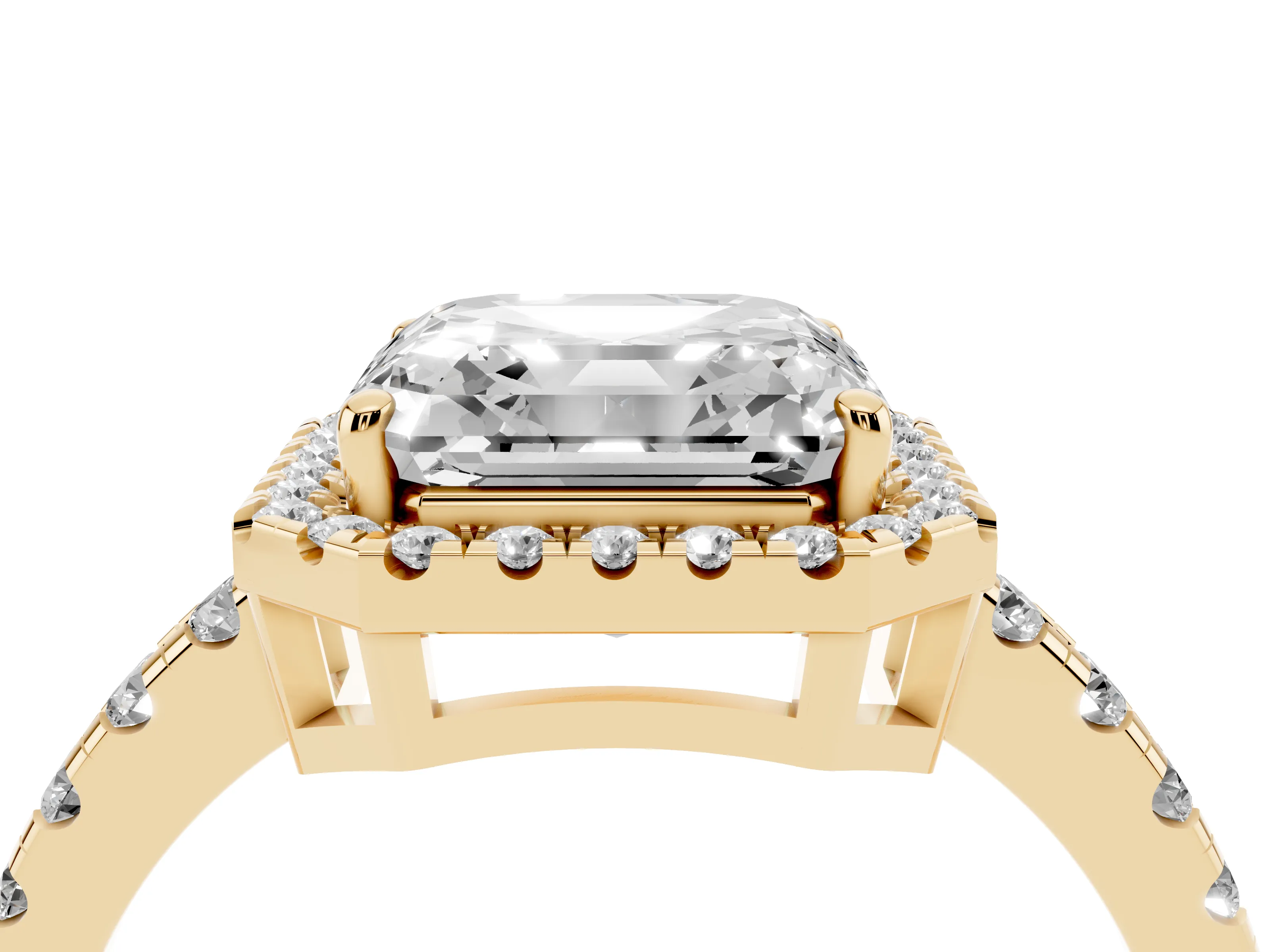 Asscher Cut Diamond Halo Ring Set in Yellow gold with Delicate Pavé Band and Prong Setting