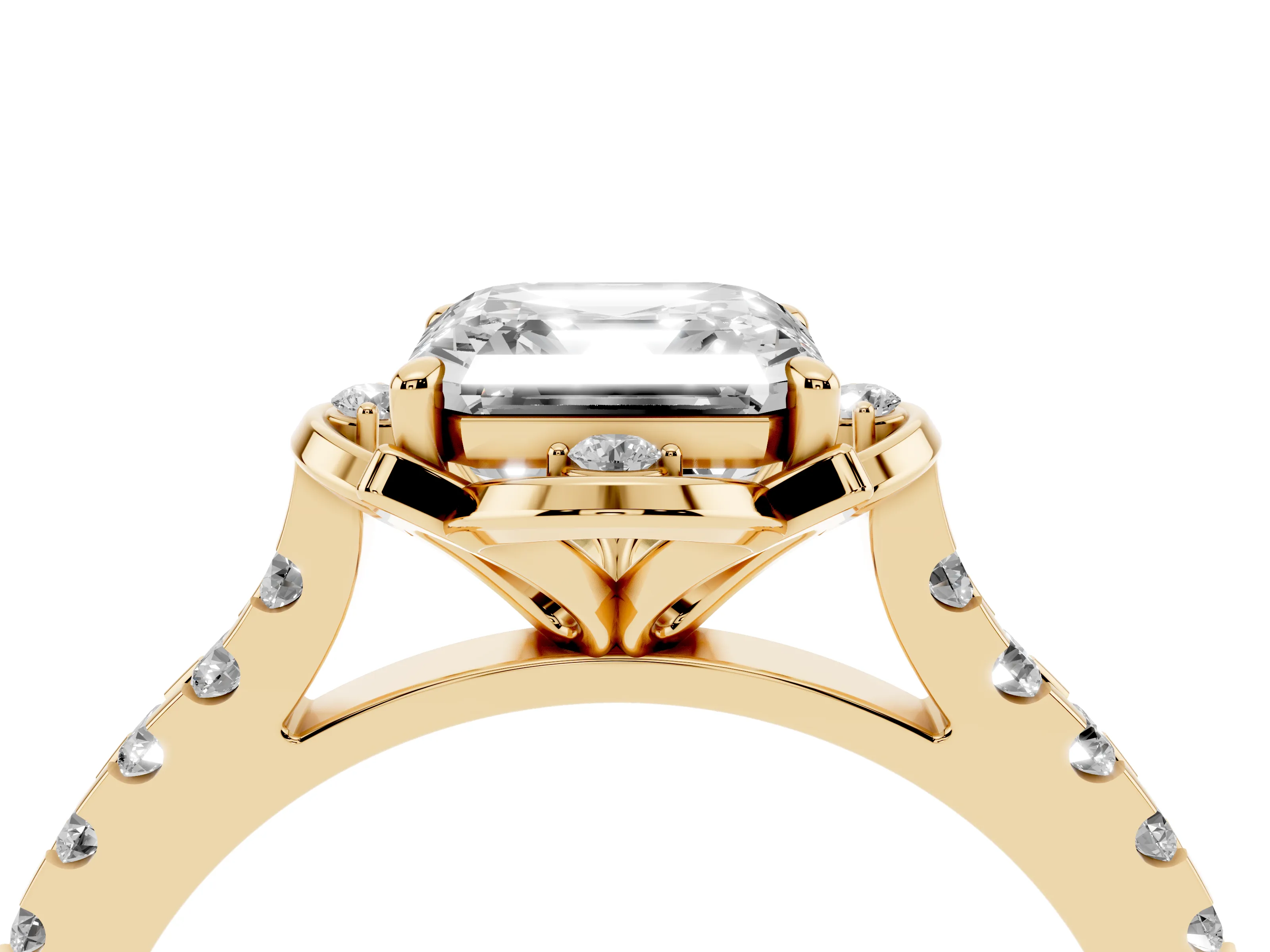 Asscher Cut Diamond Solitaire Ring Set in Yellow gold with Pavé Band and Floral Prong Setting