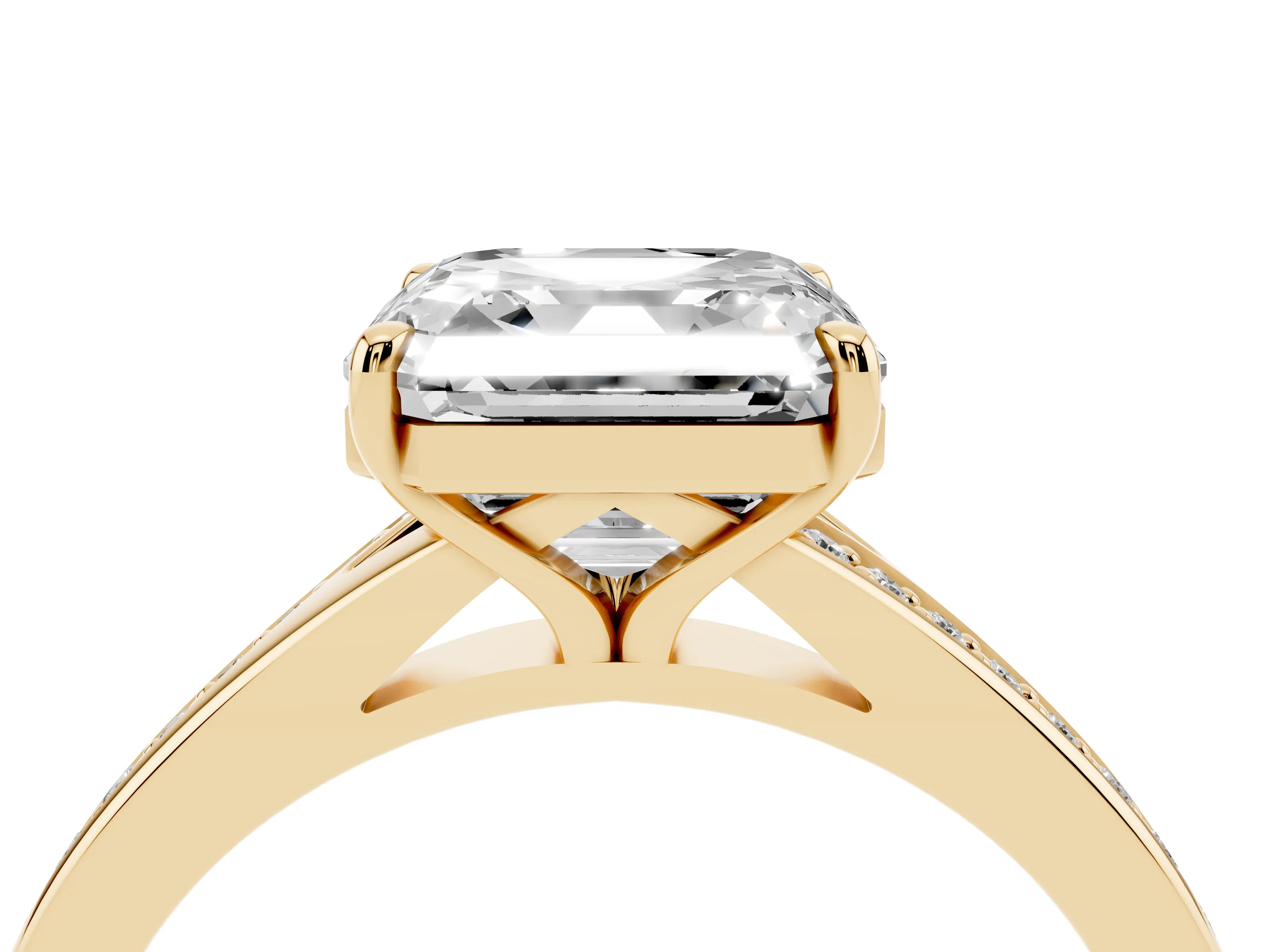 Asscher Cut Diamond Solitaire Ring Set in Yellow gold with Pavé Accent Band and Classic Prong Setting