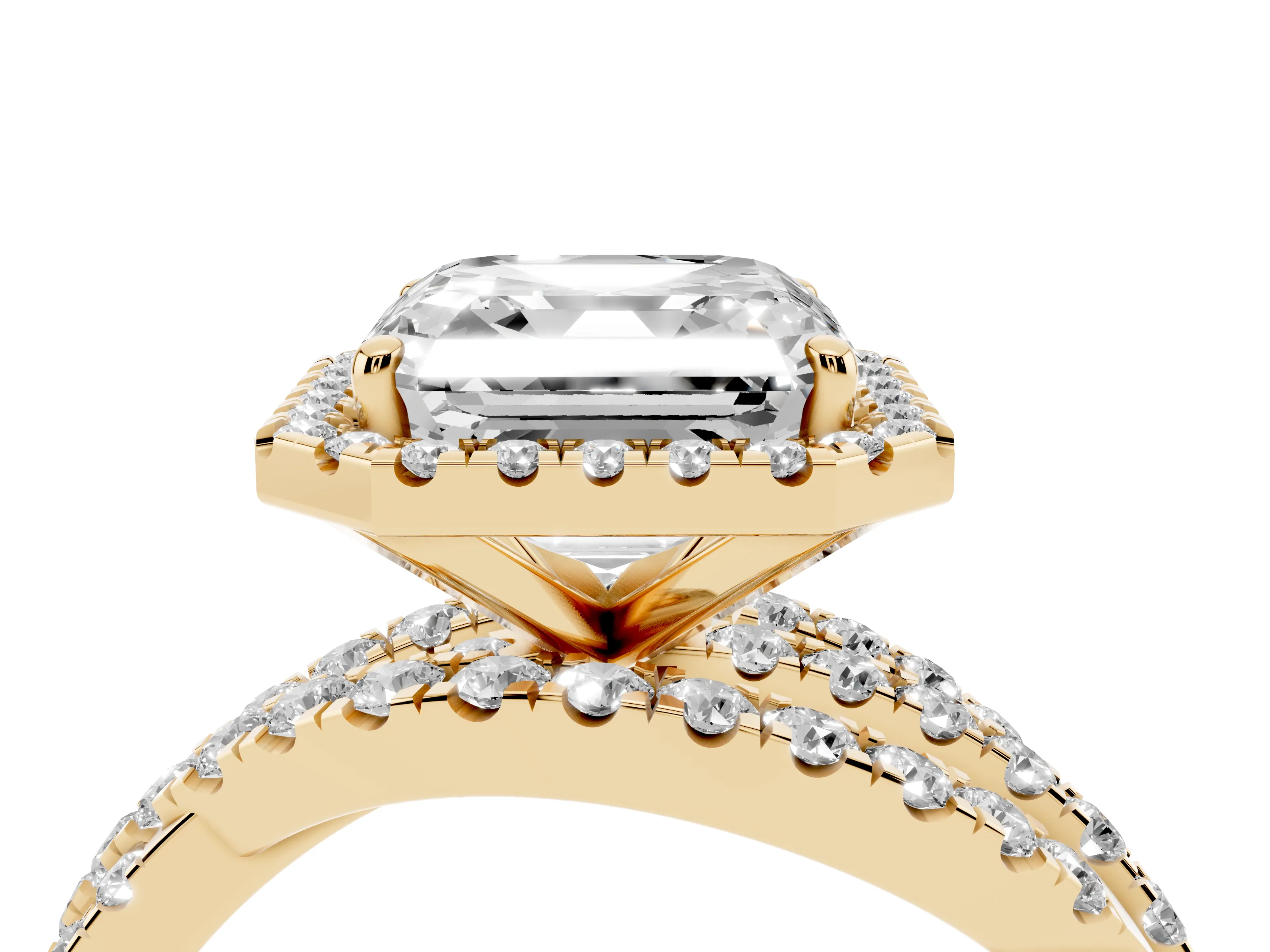 Asscher Cut Diamond Halo Ring Set in Yellow gold with Round Crossover Split Shank and Prong Setting