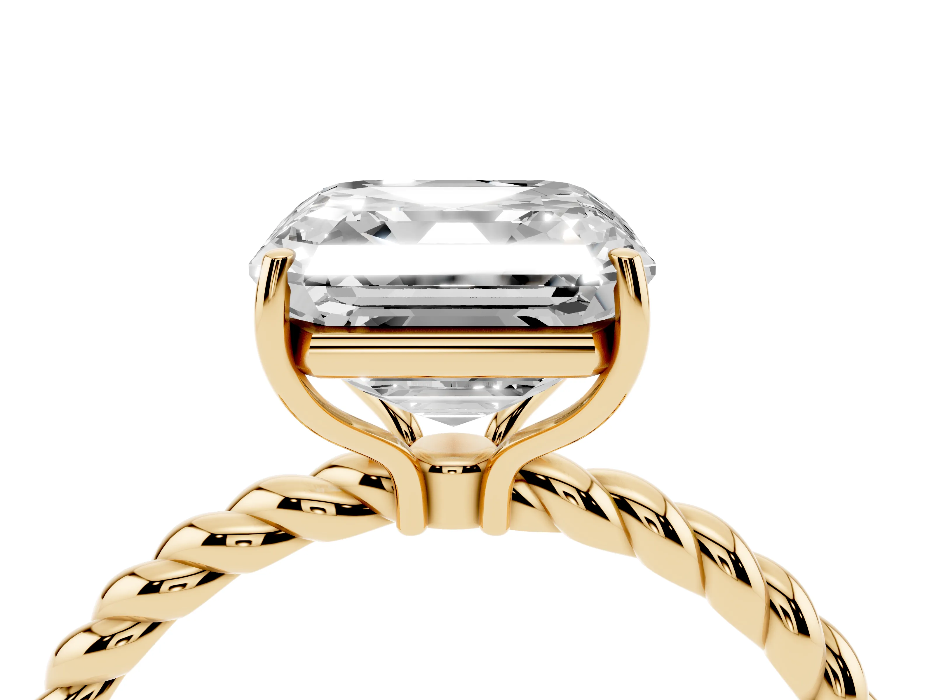 Asscher Cut Diamond Solitaire Ring Set in Yellow gold with Twist Band and Prong Setting