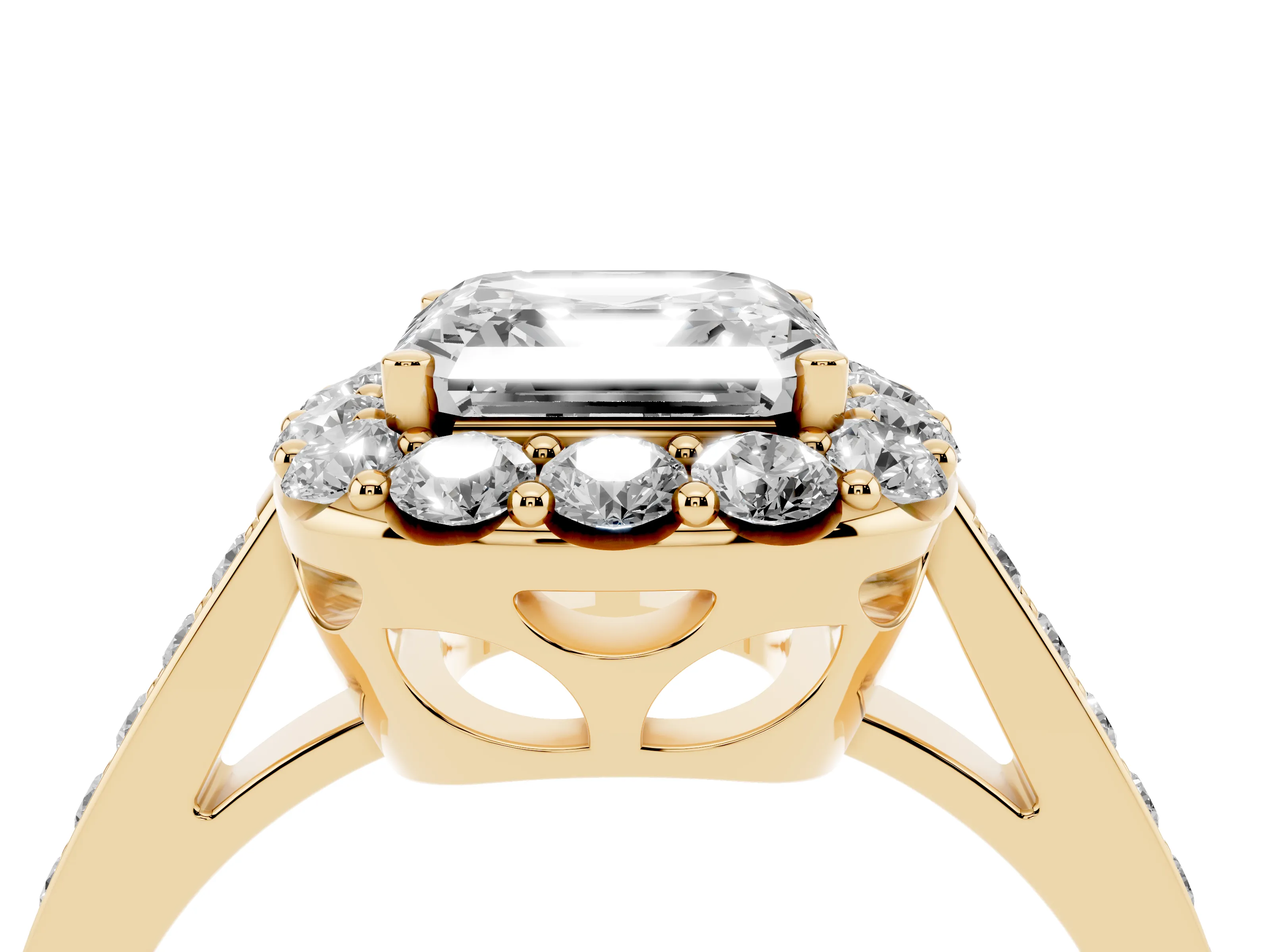 Asscher Cut Diamond Floral Halo Ring Set in Yellow gold with Pavé Band and Prong Setting