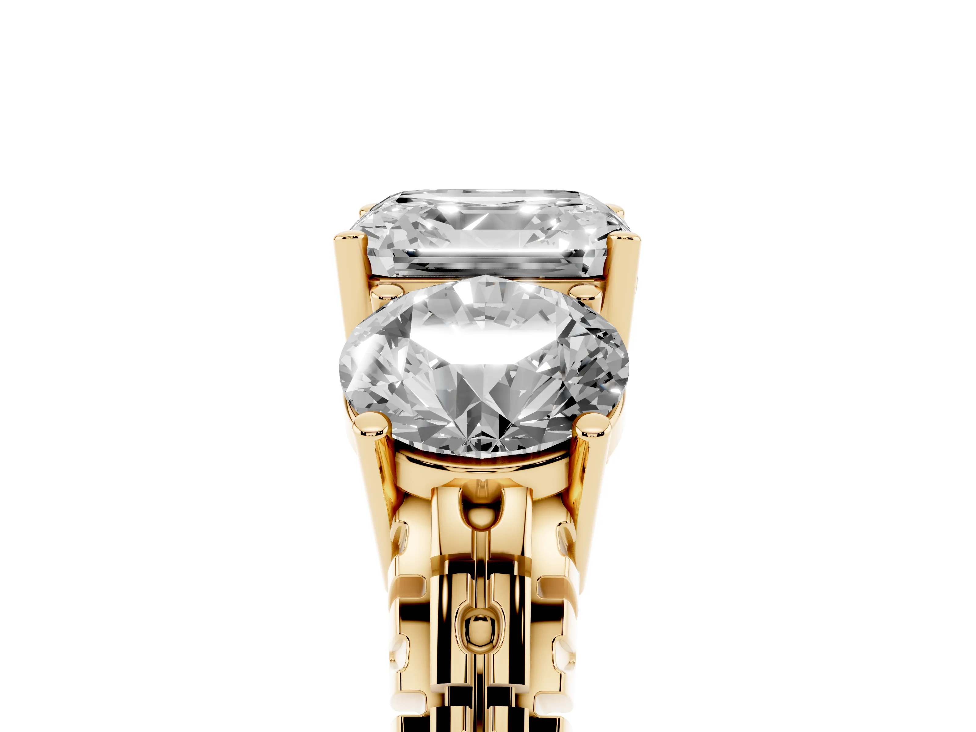Asscher Cut Diamond Three-Stone Ring Set in Yellow gold with Channel-Set Accent Band