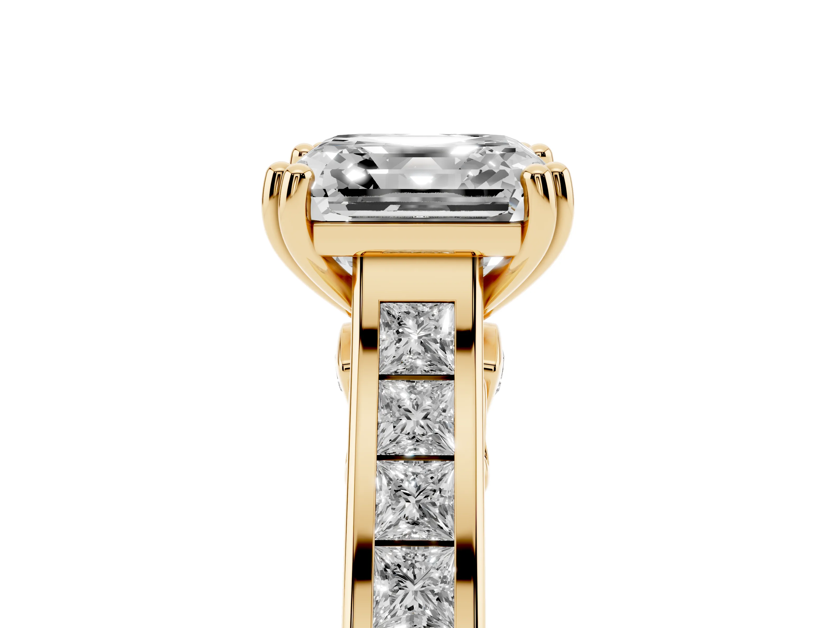 Asscher Cut Diamond Channel Set Solitaire Engagement Ring Set in Yellow gold with Prong Setting